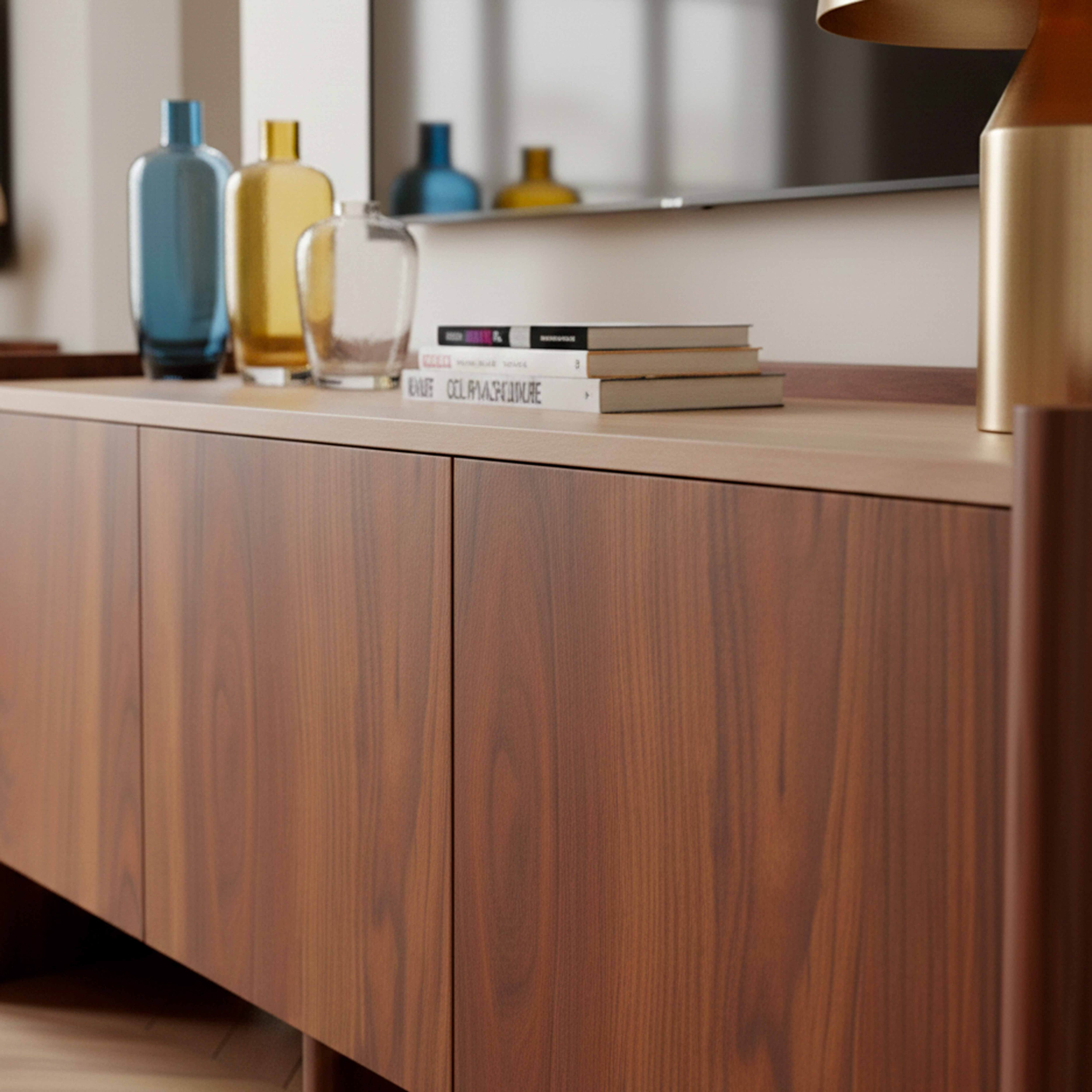 Holzschrank mit blauen, gelben und klaren Vasen sowie Büchern und Lampe.