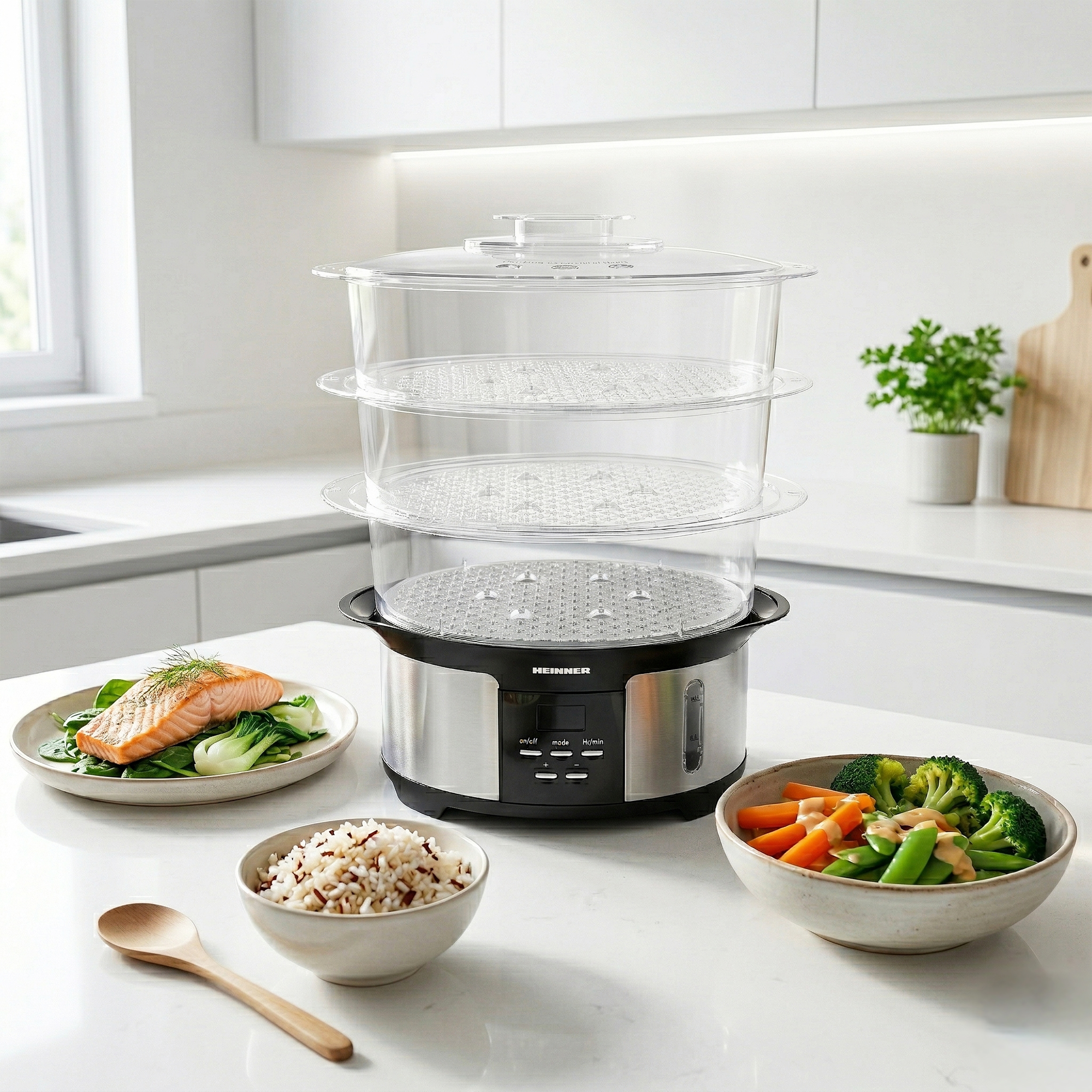 Un cuiseur vapeur à trois niveaux avec saumon, riz et légumes.