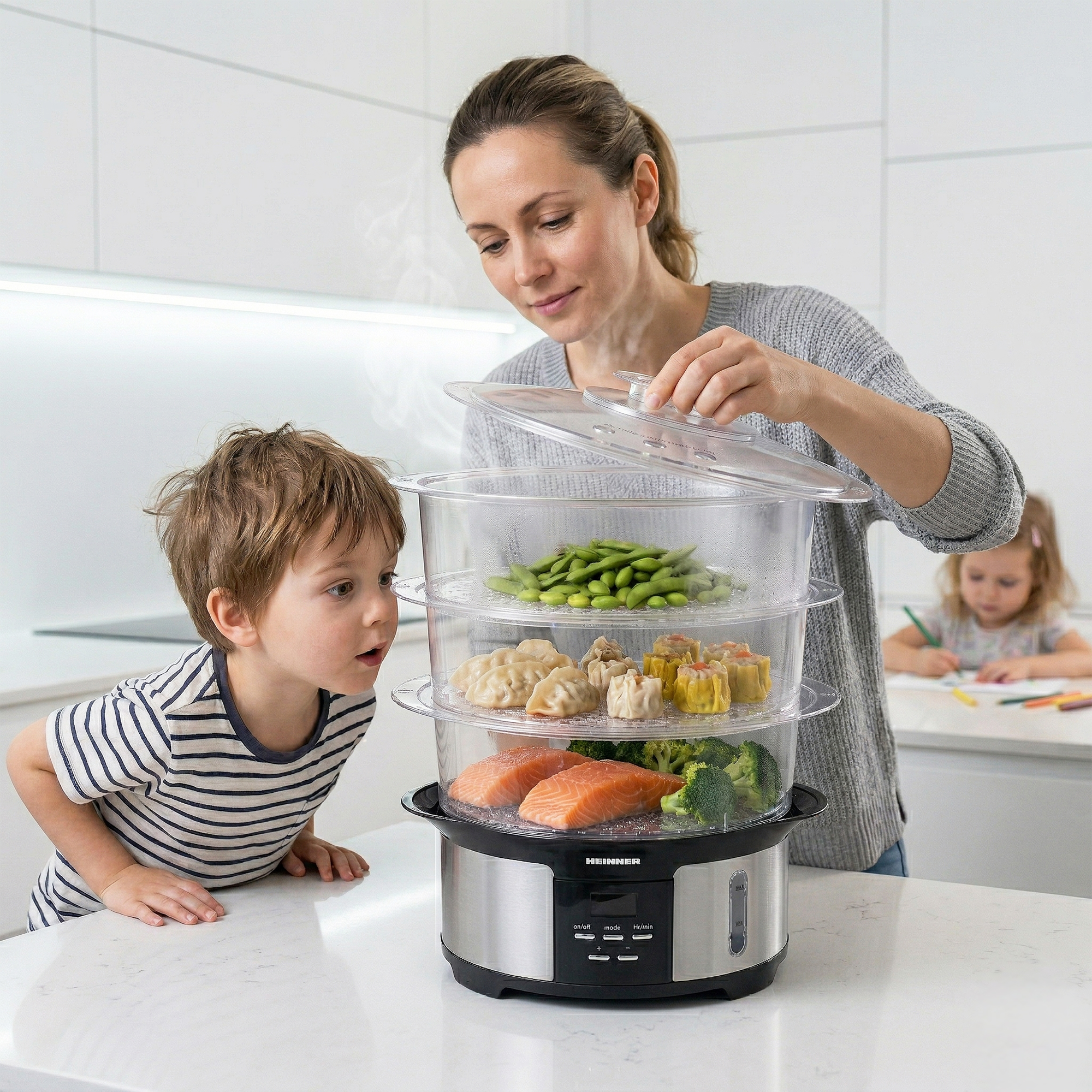 A woman lifts a steamer lid with fish, broccoli, dumplings & edamame inside.