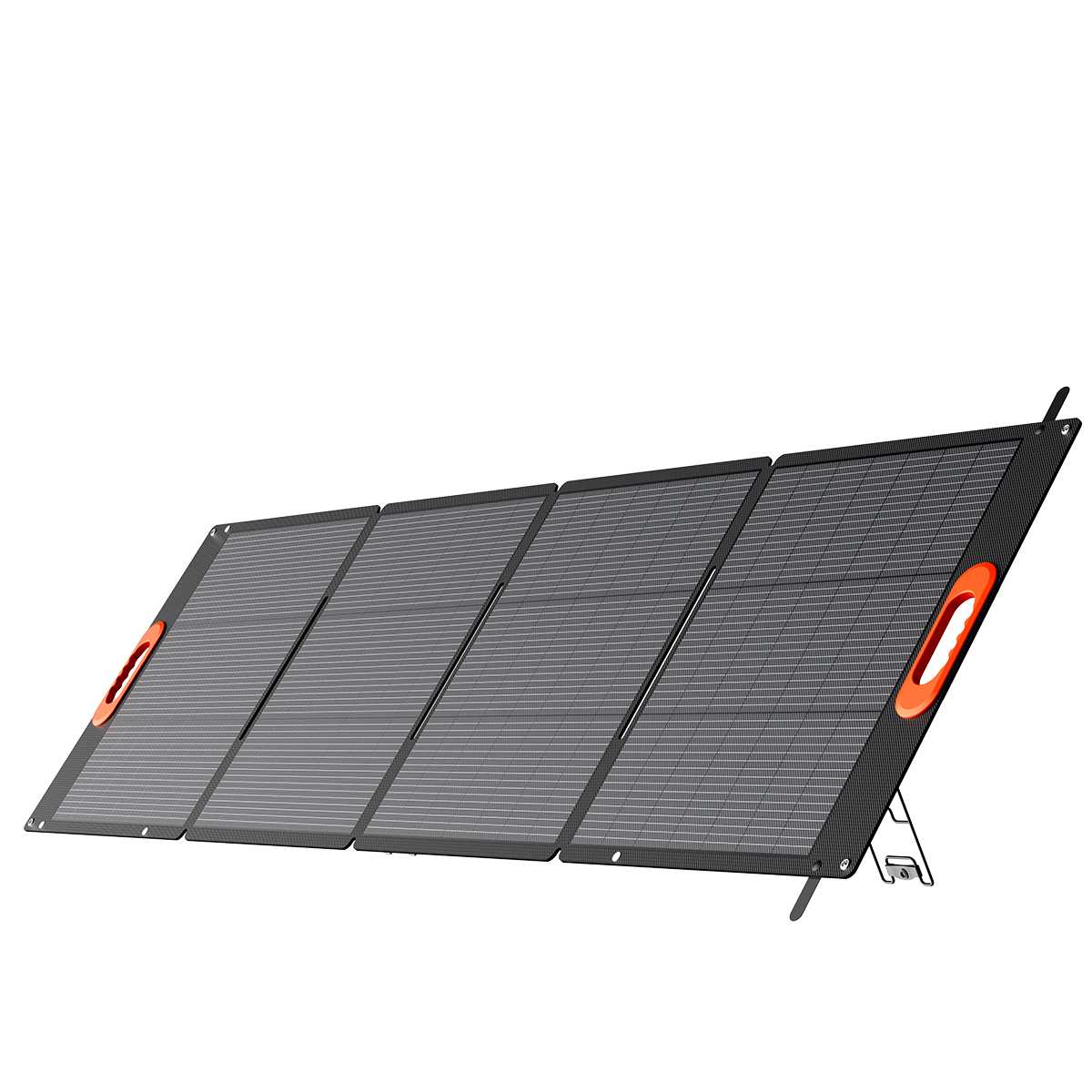 Un pannello solare pieghevole a quattro sezioni con manici arancioni.