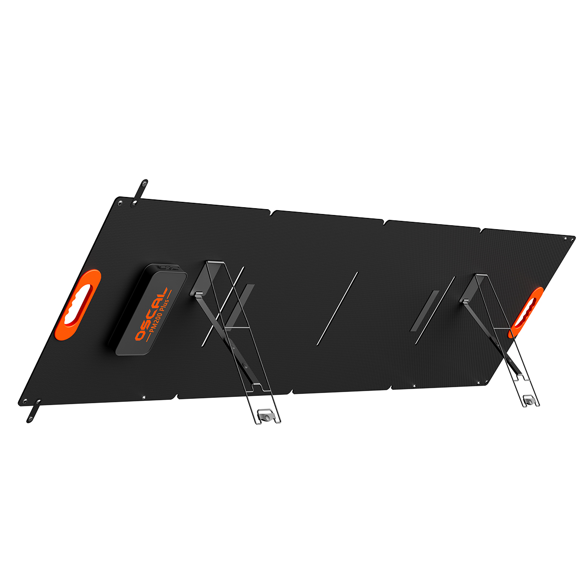 Pannello solare nero con manici arancioni e supporti su sfondo bianco.
