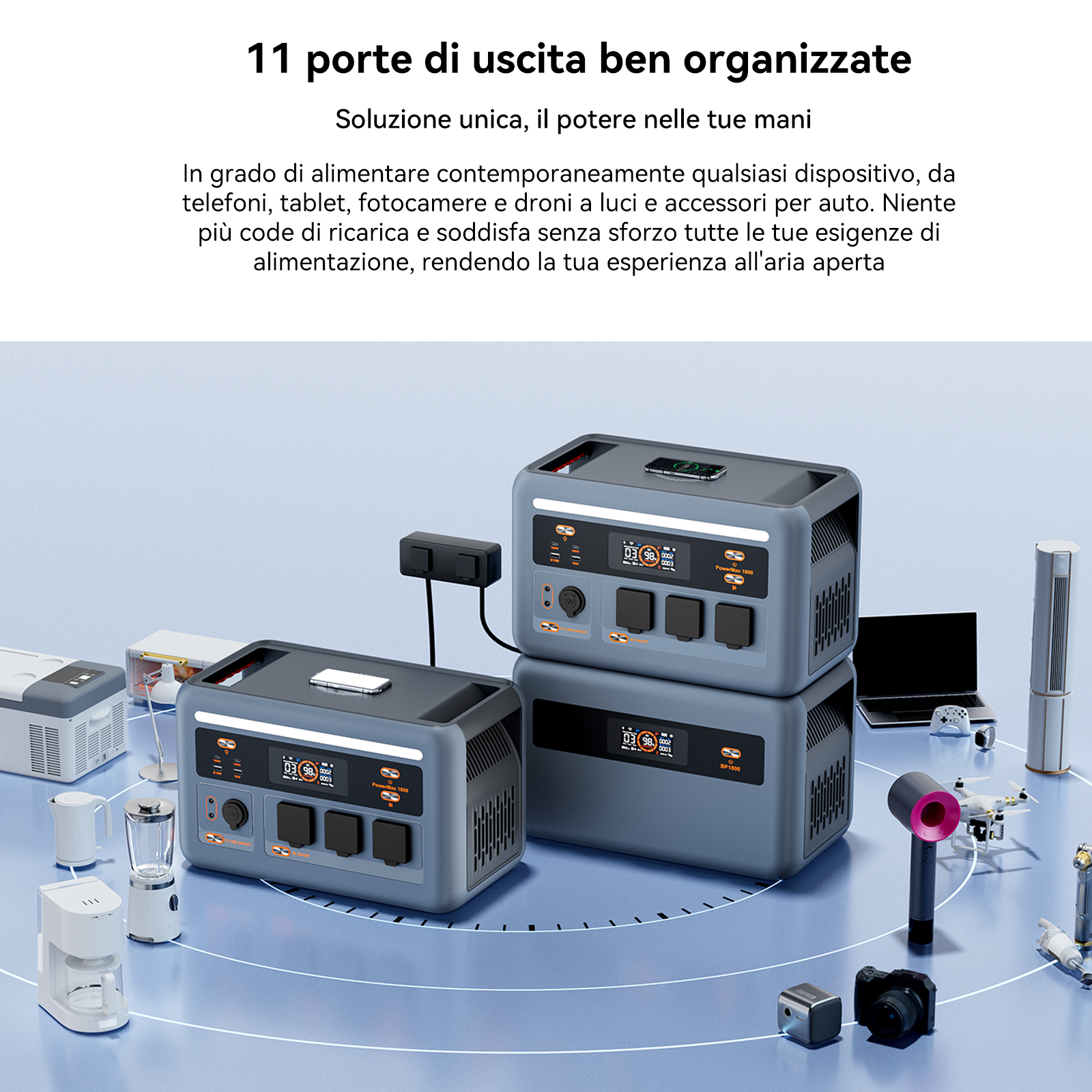 Stazioni di alimentazione grigie impilate, con dispositivi come laptop, drone e asciugacapelli vicini.