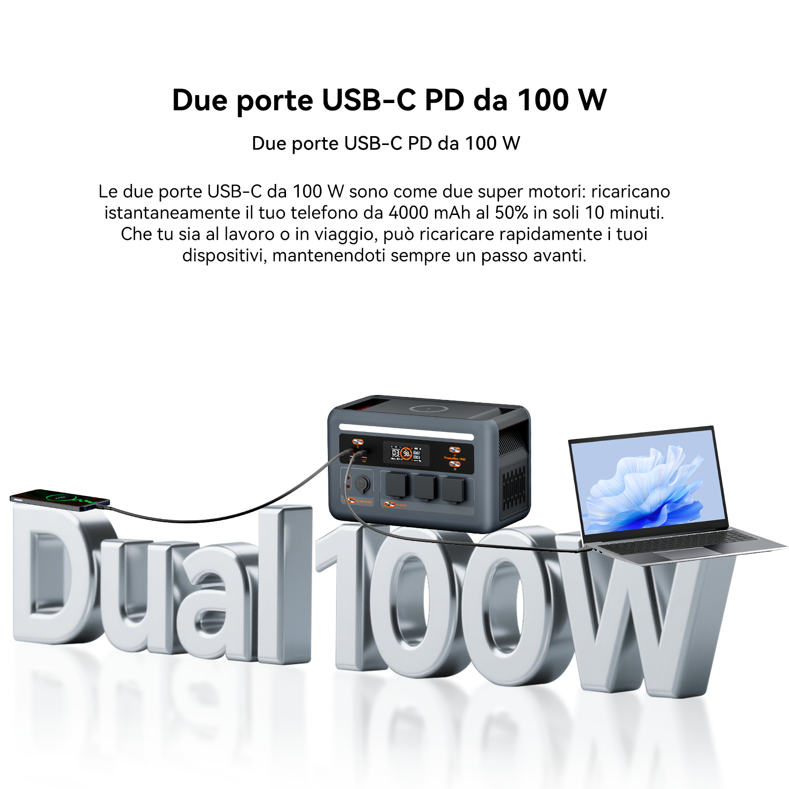 Centrale elettrica portatile grigia carica uno smartphone e un laptop.
