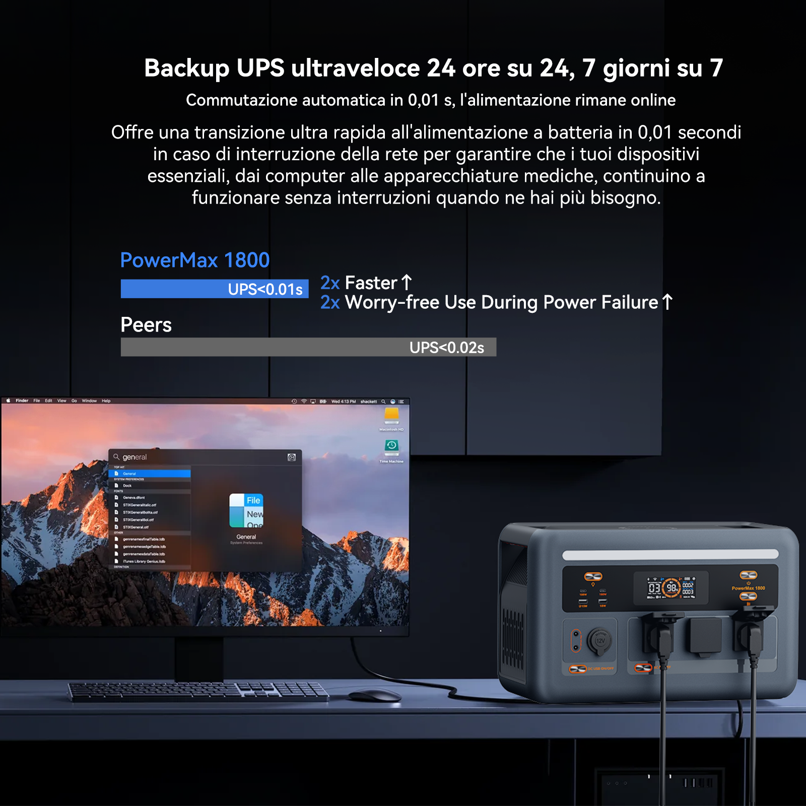 Un generatore PowerMax 1800 grigio accanto a un computer con finestra Finder aperta.