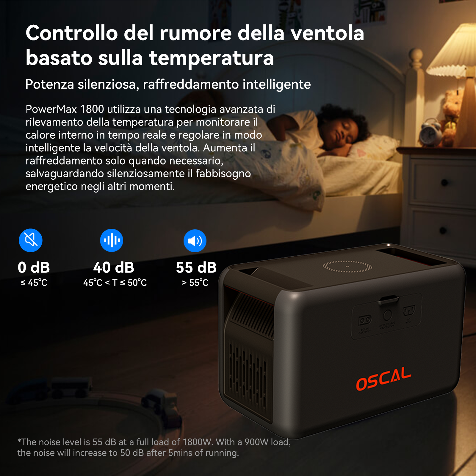 Una centrale elettrica OSCAL nera in una camera da letto accanto a un bambino che dorme.