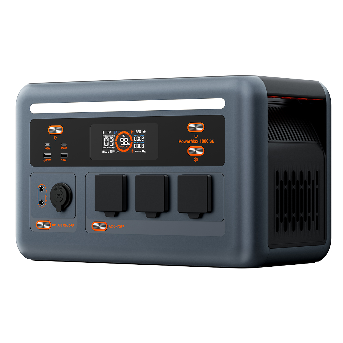 PowerMax 1800 SE grigio con display, prese e prese d'aria.