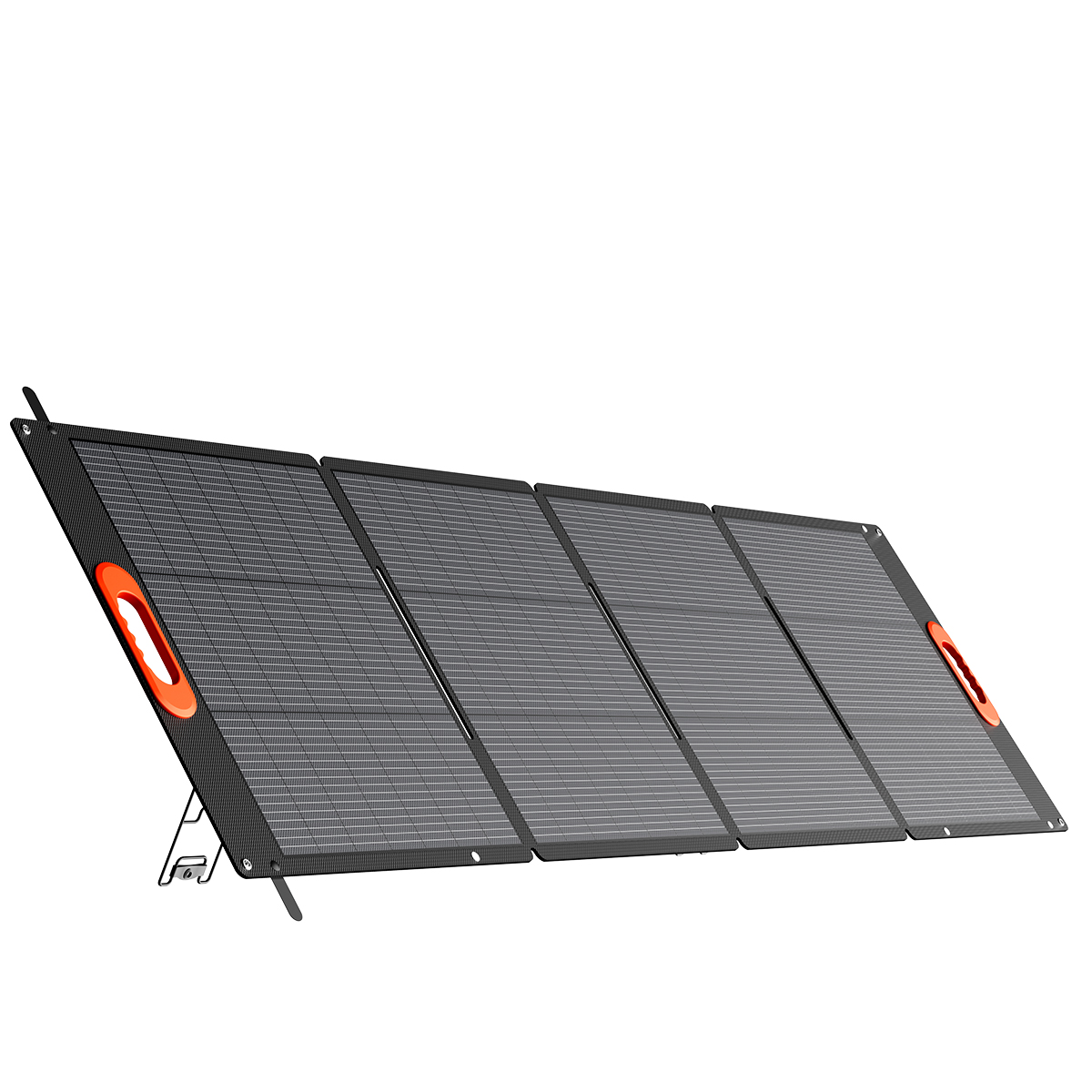 Un pannello solare pieghevole con quattro pannelli neri e manici arancioni.