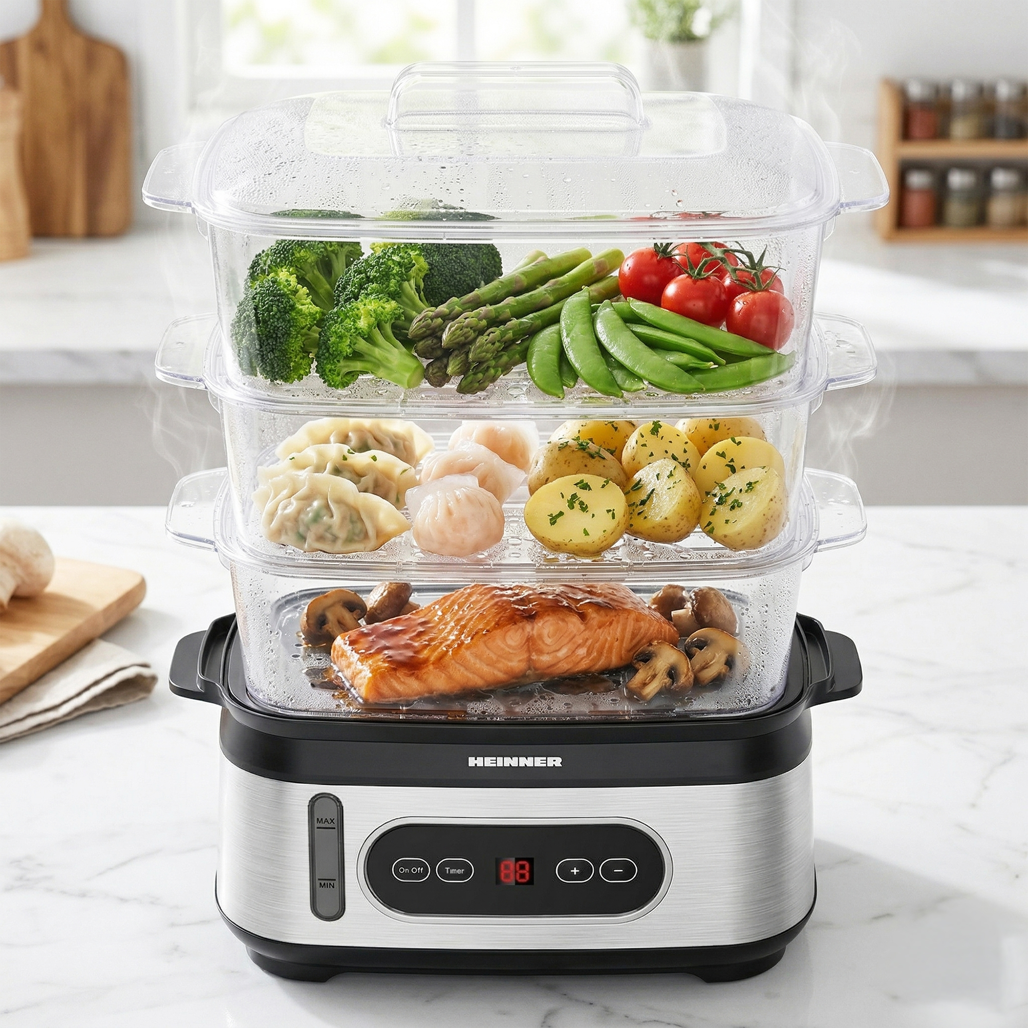 A three-tiered steamer filled with salmon, vegetables, and dumplings.
