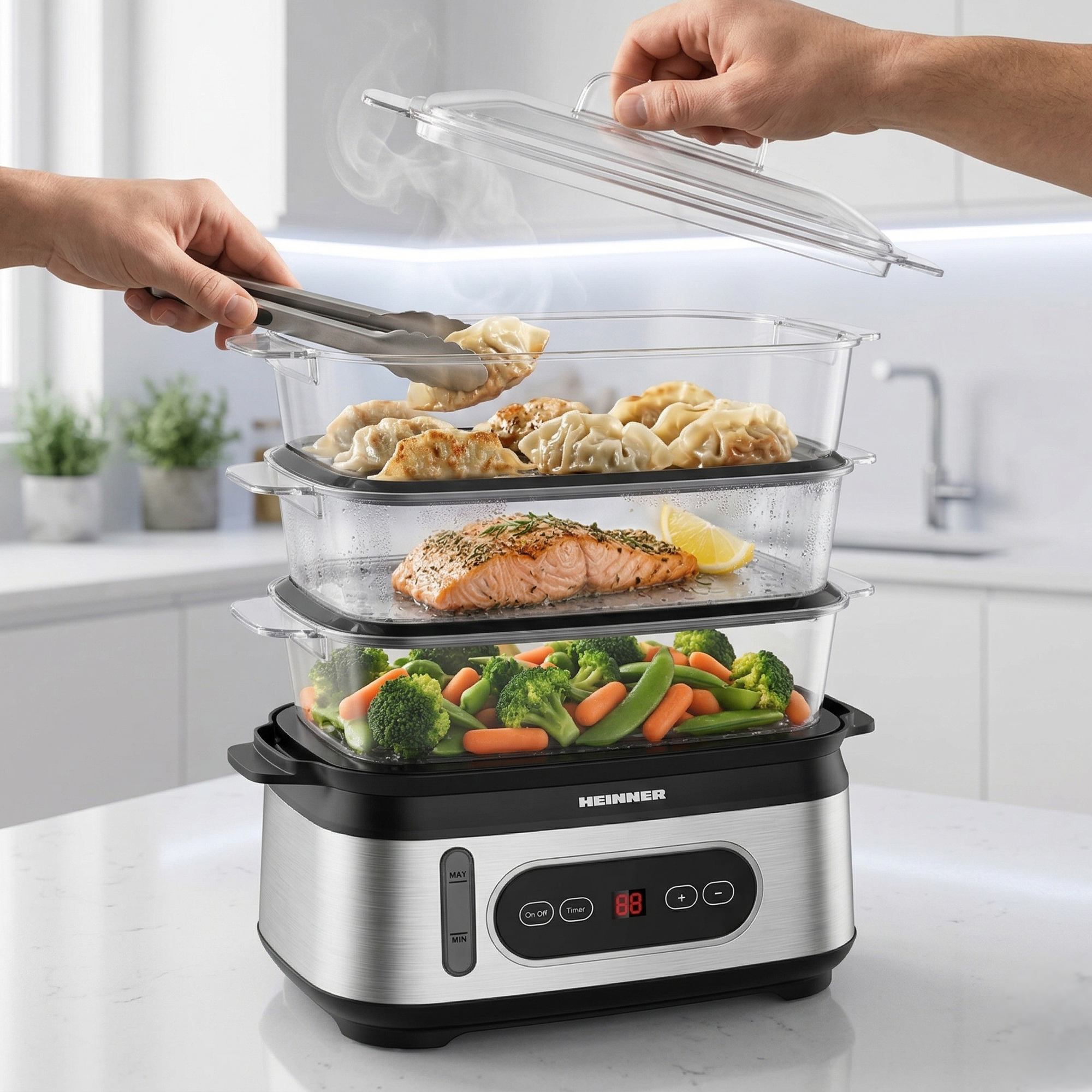 A three-tiered steamer filled with gyoza, salmon, and vegetables.