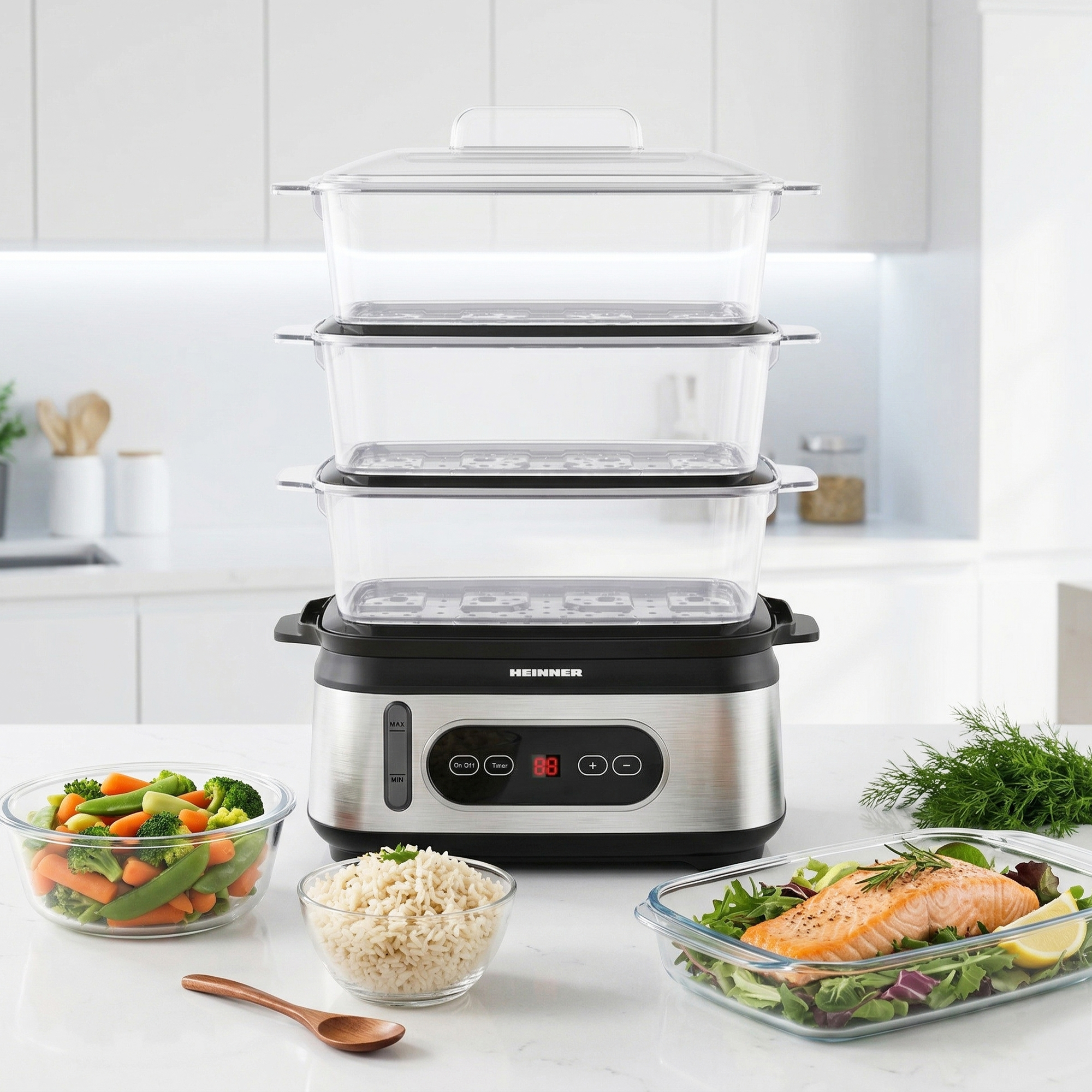 Steamer with three tiers, next to bowls of rice, vegetables, and salmon.