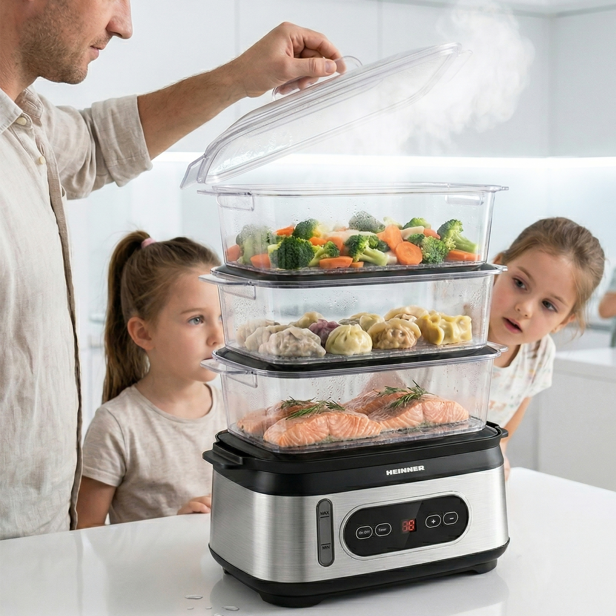 Man lifts lid of steamer with salmon, dumplings, and vegetables. Children watch.