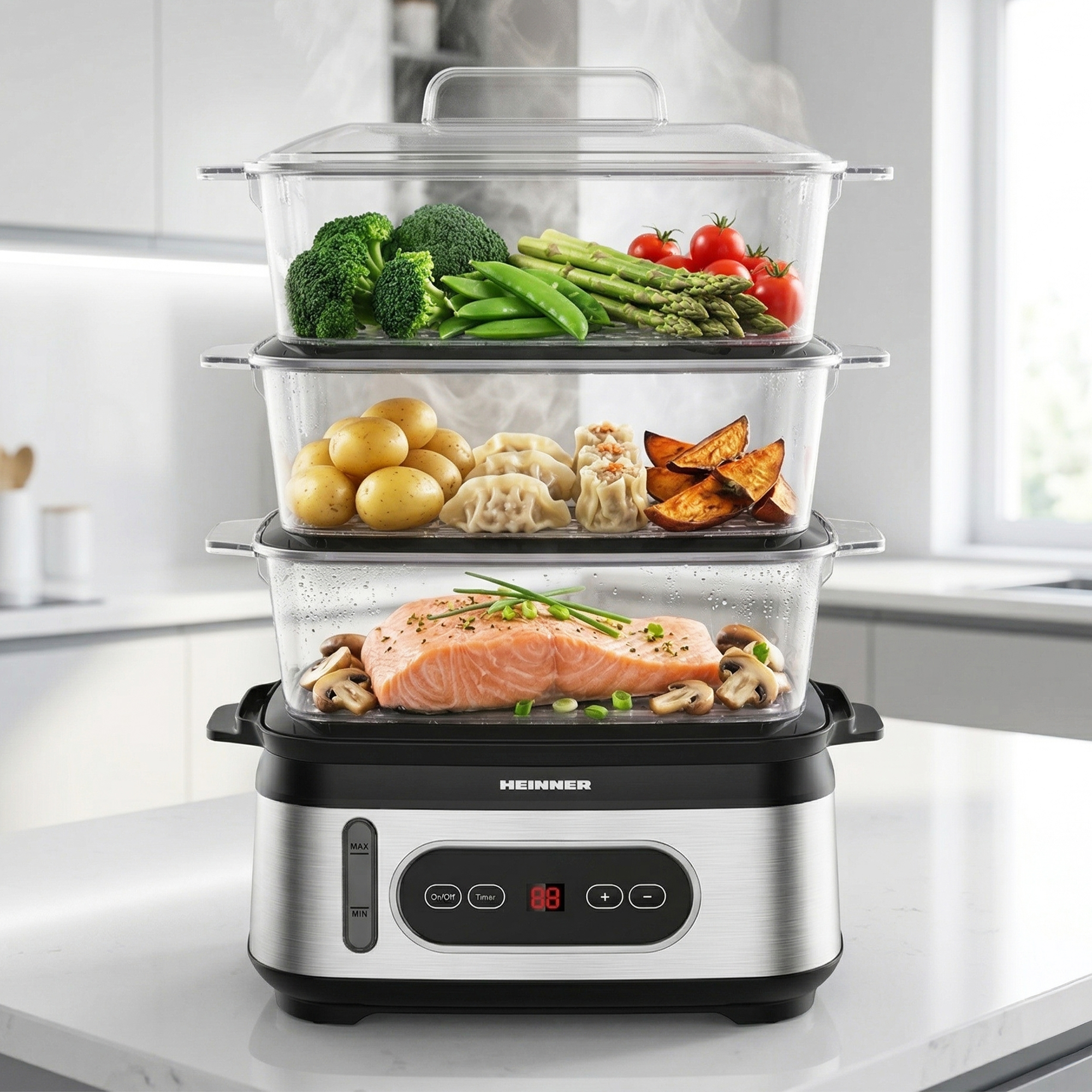 A three-tier food steamer filled with salmon, potatoes, vegetables, and dim sum.