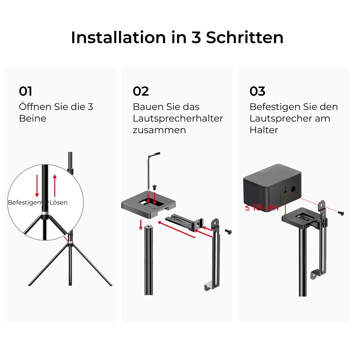 Installation in 3 Schritten: Beine öffnen, Halter zusammenbauen, Lautsprecher befestigen.
