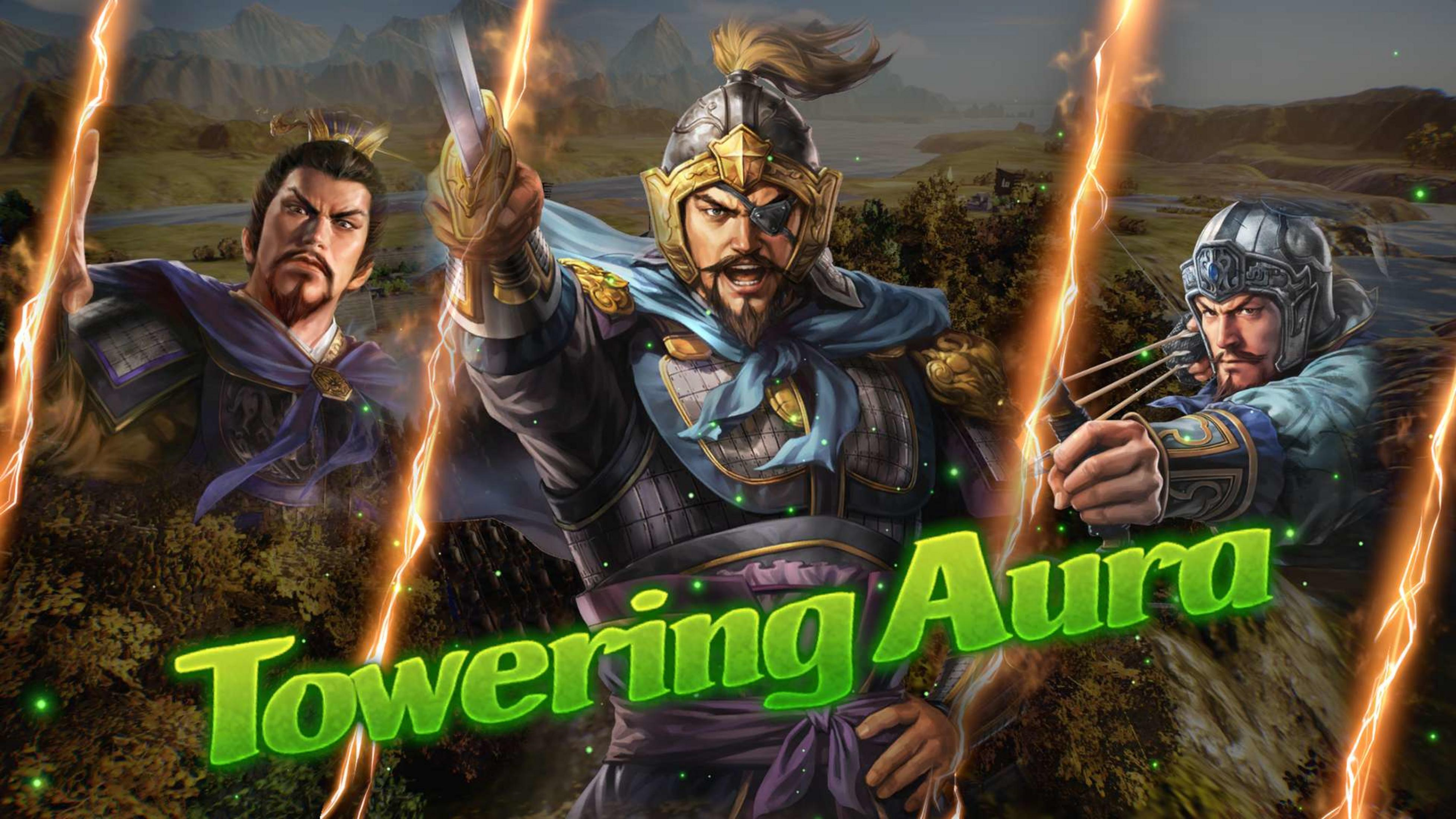 Drei Krieger mit Schwertern und Bögen, umgeben von Blitzen. Text "Towering Aura".