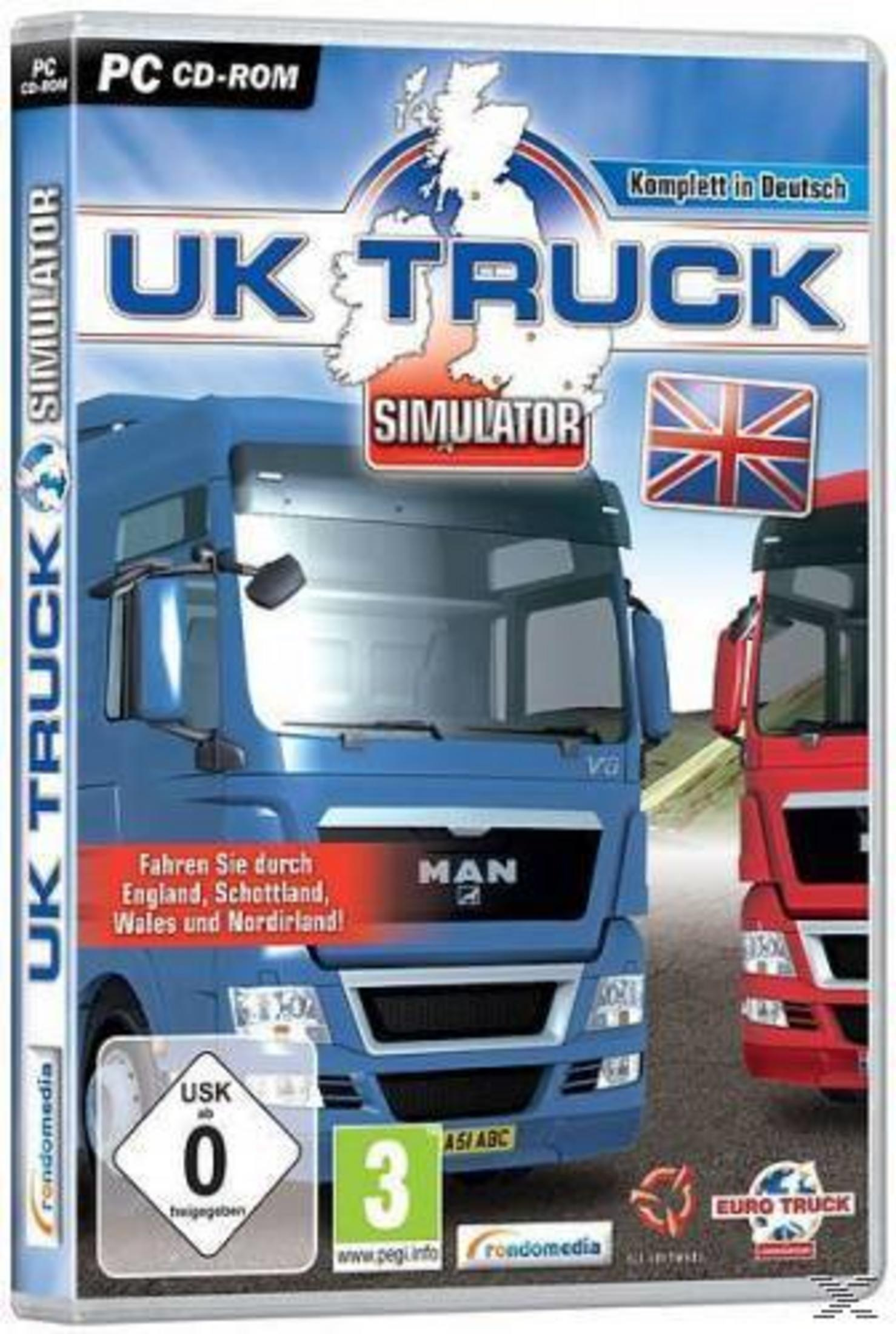 PC CD-ROM Hülle für UK Truck Simulator mit blauen und roten LKWs.