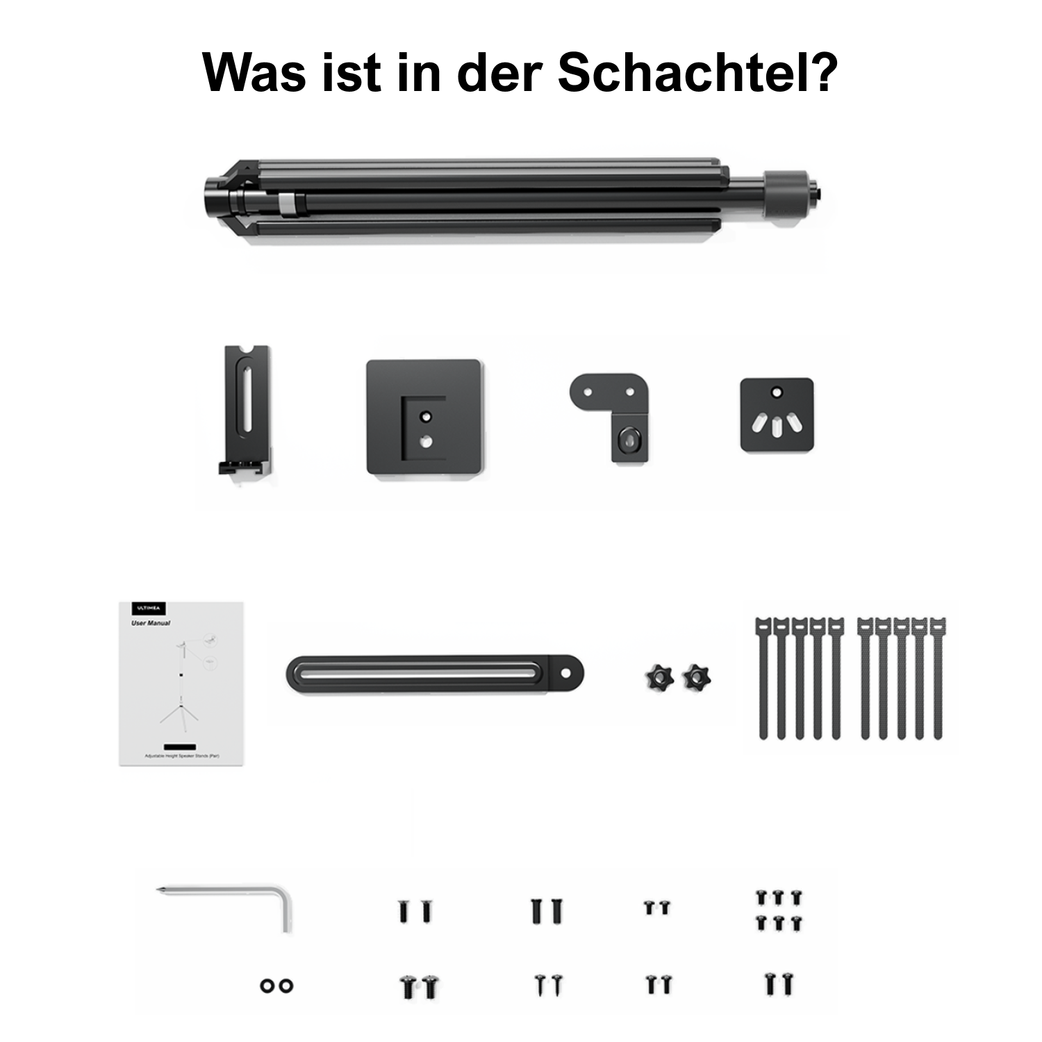 Ein ausgefahrener Stativkopf, Montageplatte, Schrauben und ein Handbuch.