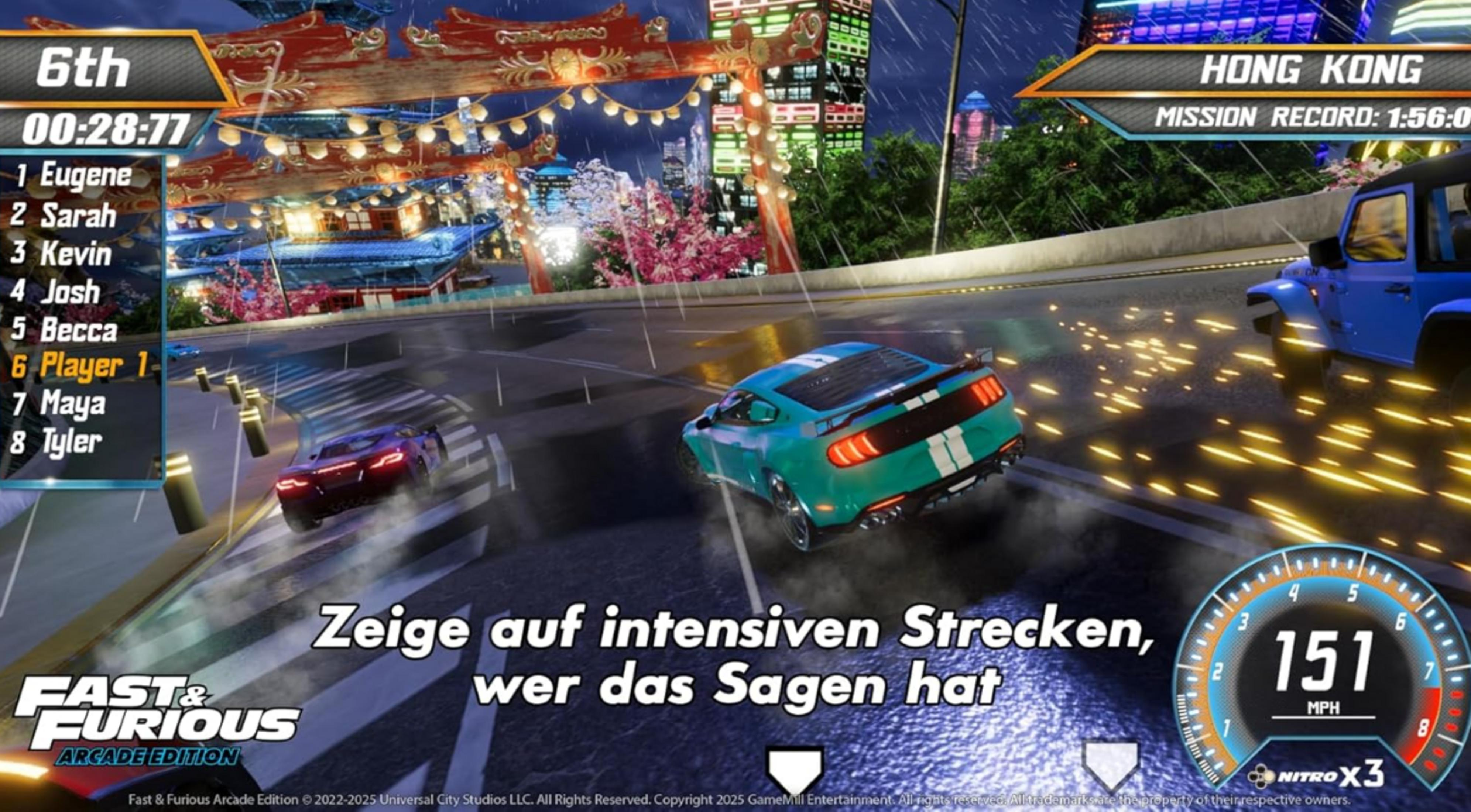 Gioco di corse notturne a Hong Kong, auto sfrecciano su strada bagnata, tachimetro 151 MPH.