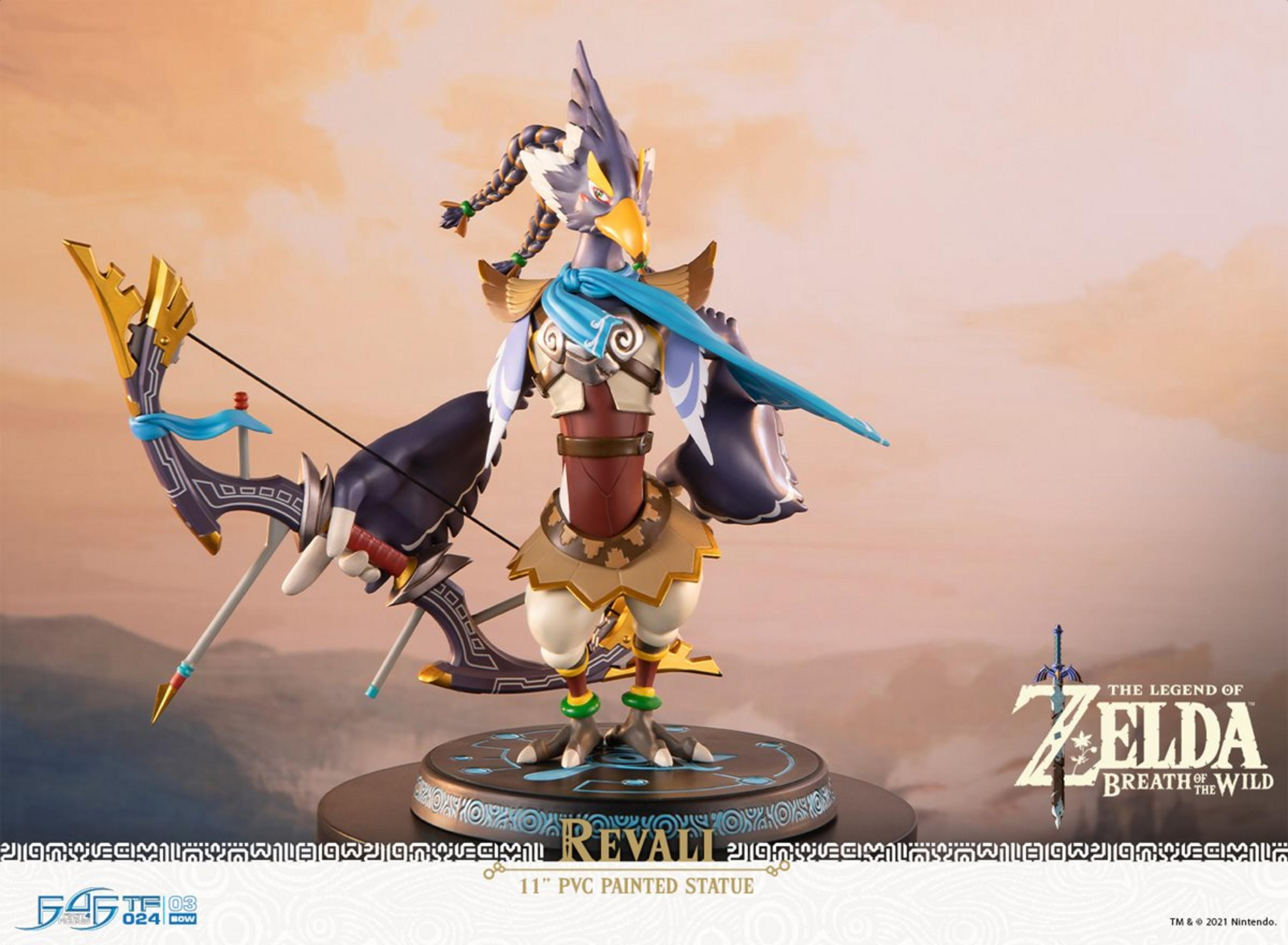 Statue de Revali avec arc devant un ciel orange.