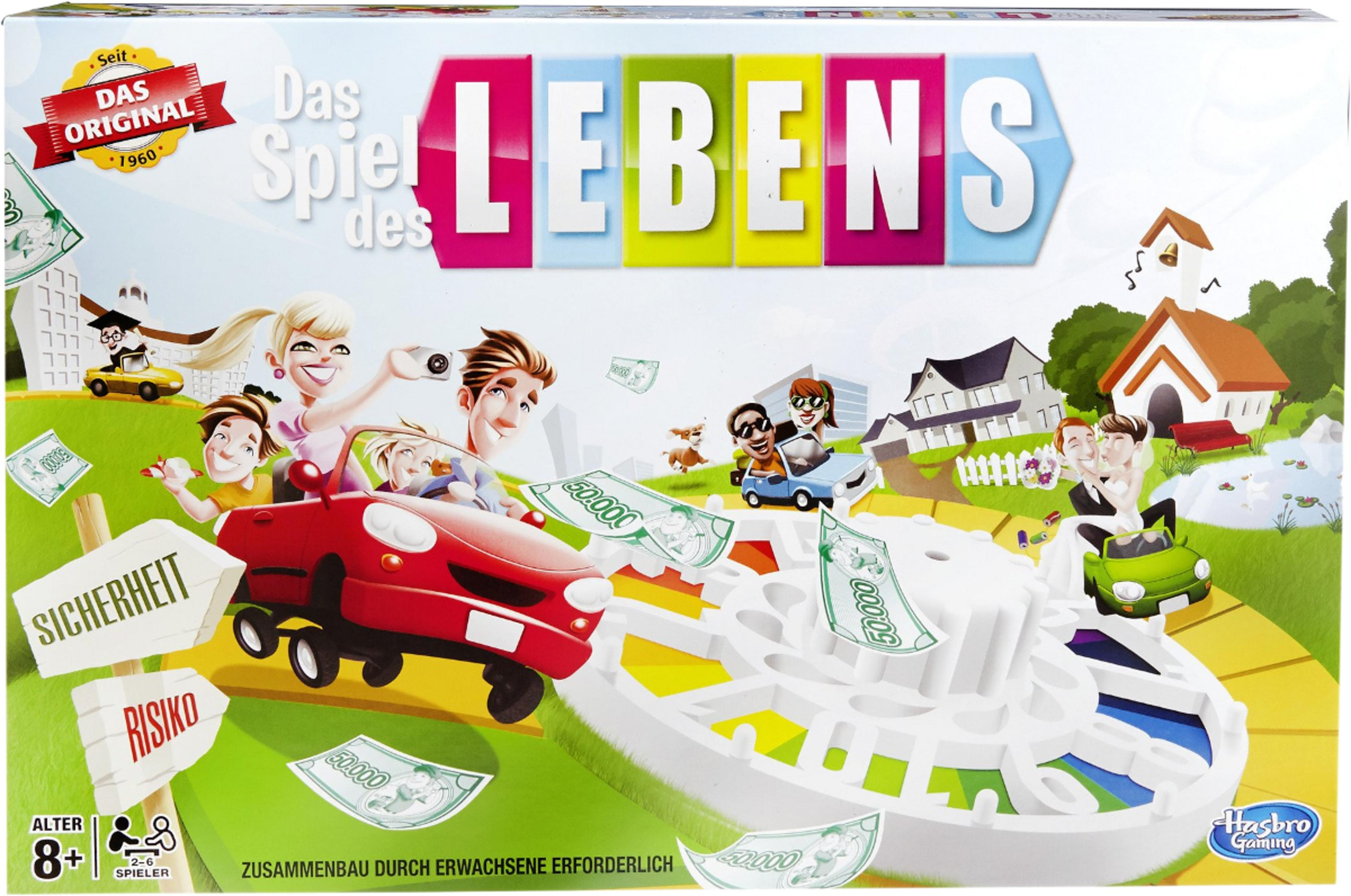 Das Spiel des Lebens Brettspiel-Box mit bunten Autos, Familien und Geld.