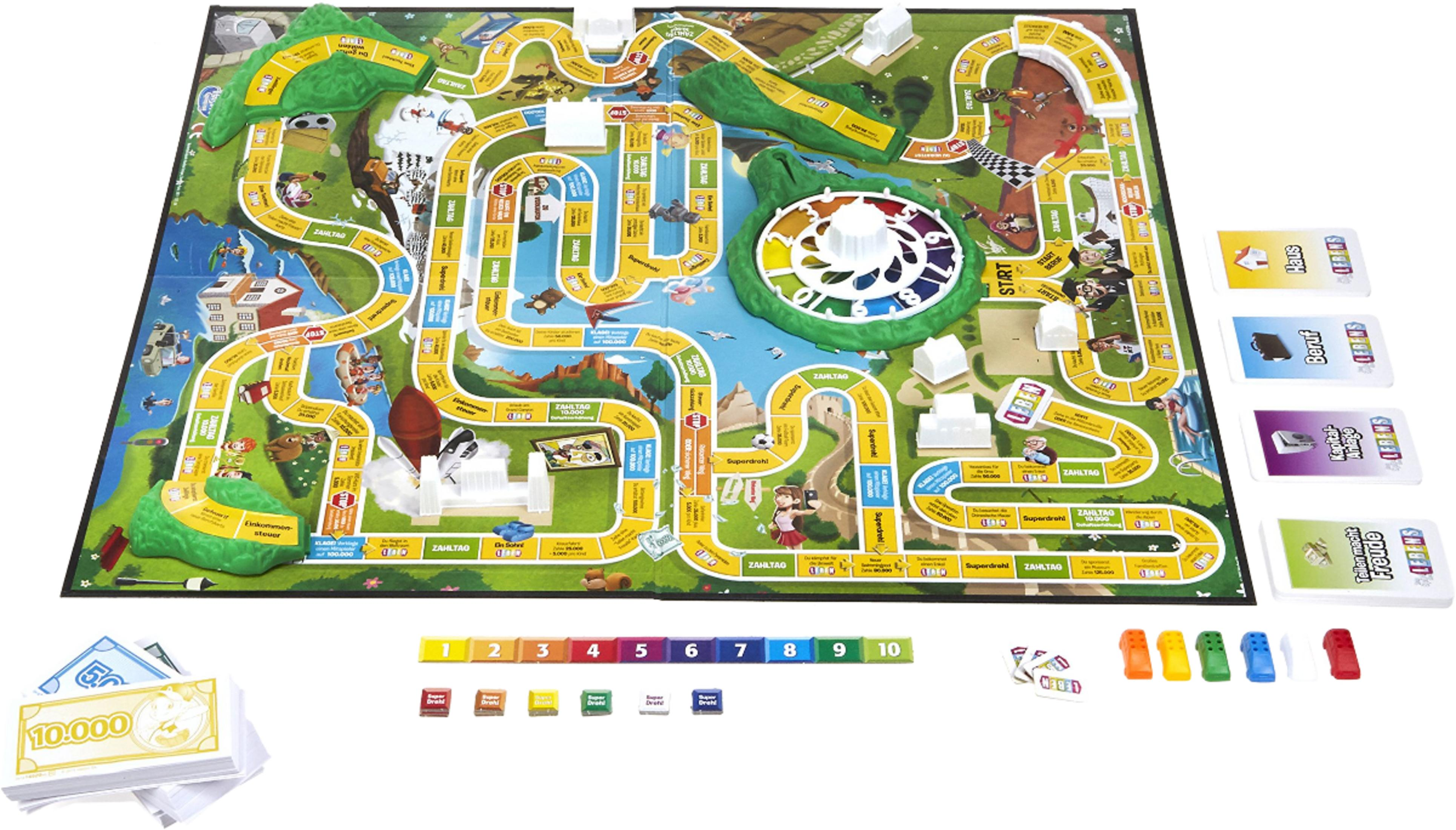 Das Brettspiel 'Die Reise des Lebens' mit Spielsteinen, Geld und Karten.