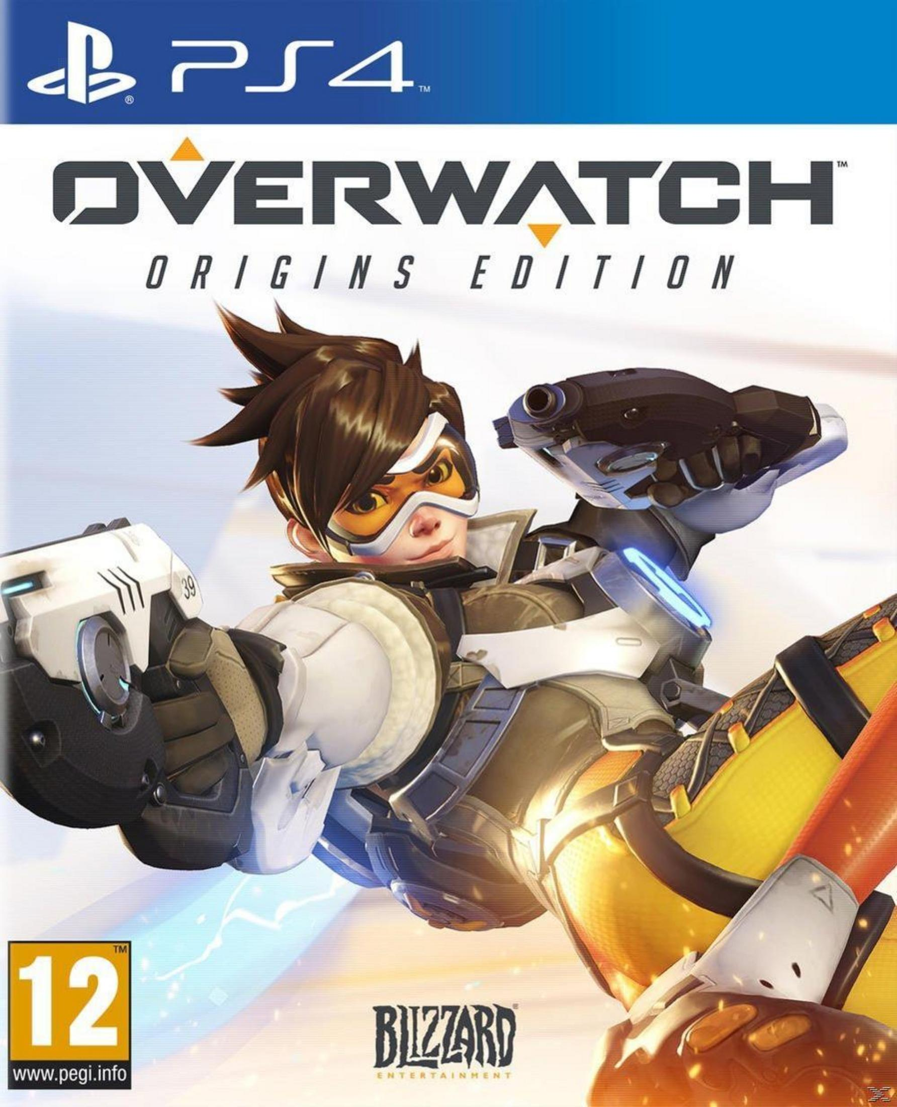 Tracer von Overwatch Origins Edition auf PS4, hält eine Waffe. PEGI 12.