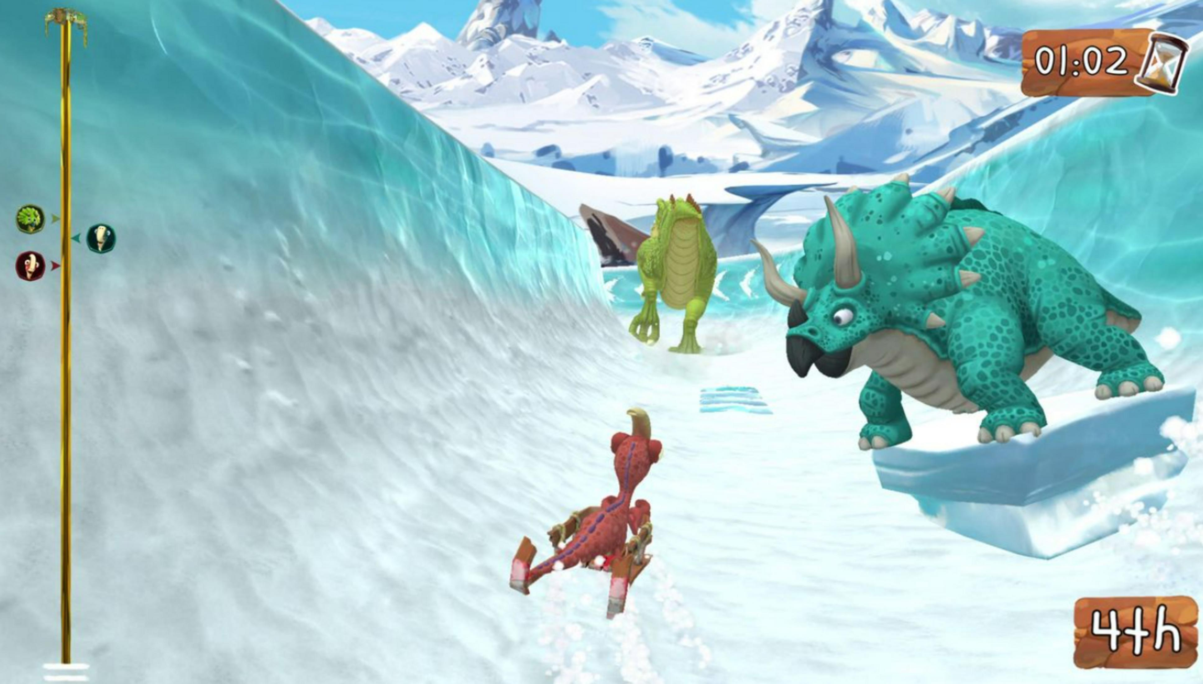 Trois dinosaures sur une piste glacée, un rouge devant, des verts et turquoises derrière.