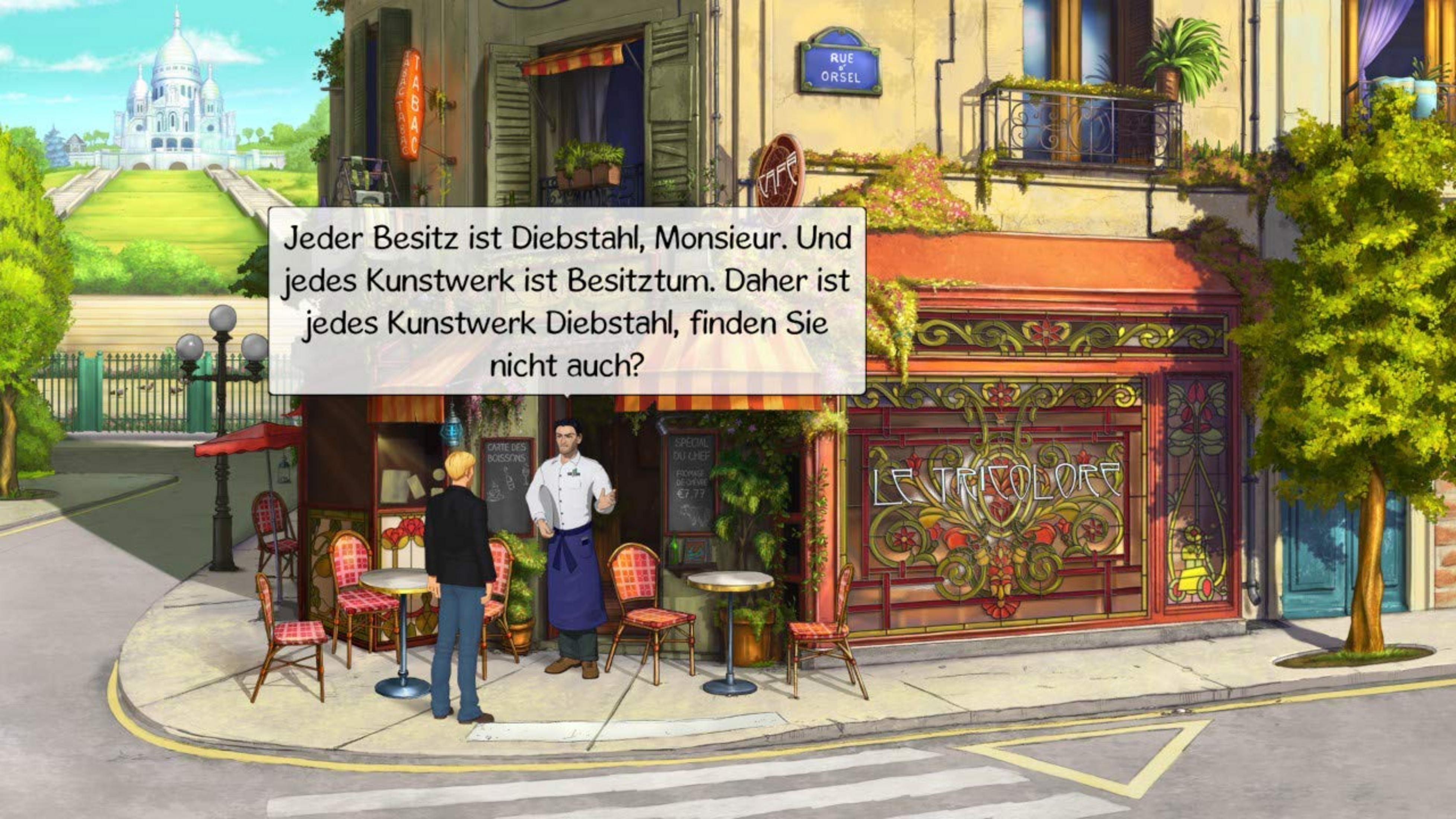Zwei Männer stehen vor einem Café in Paris mit Sacré-Cœur im Hintergrund.