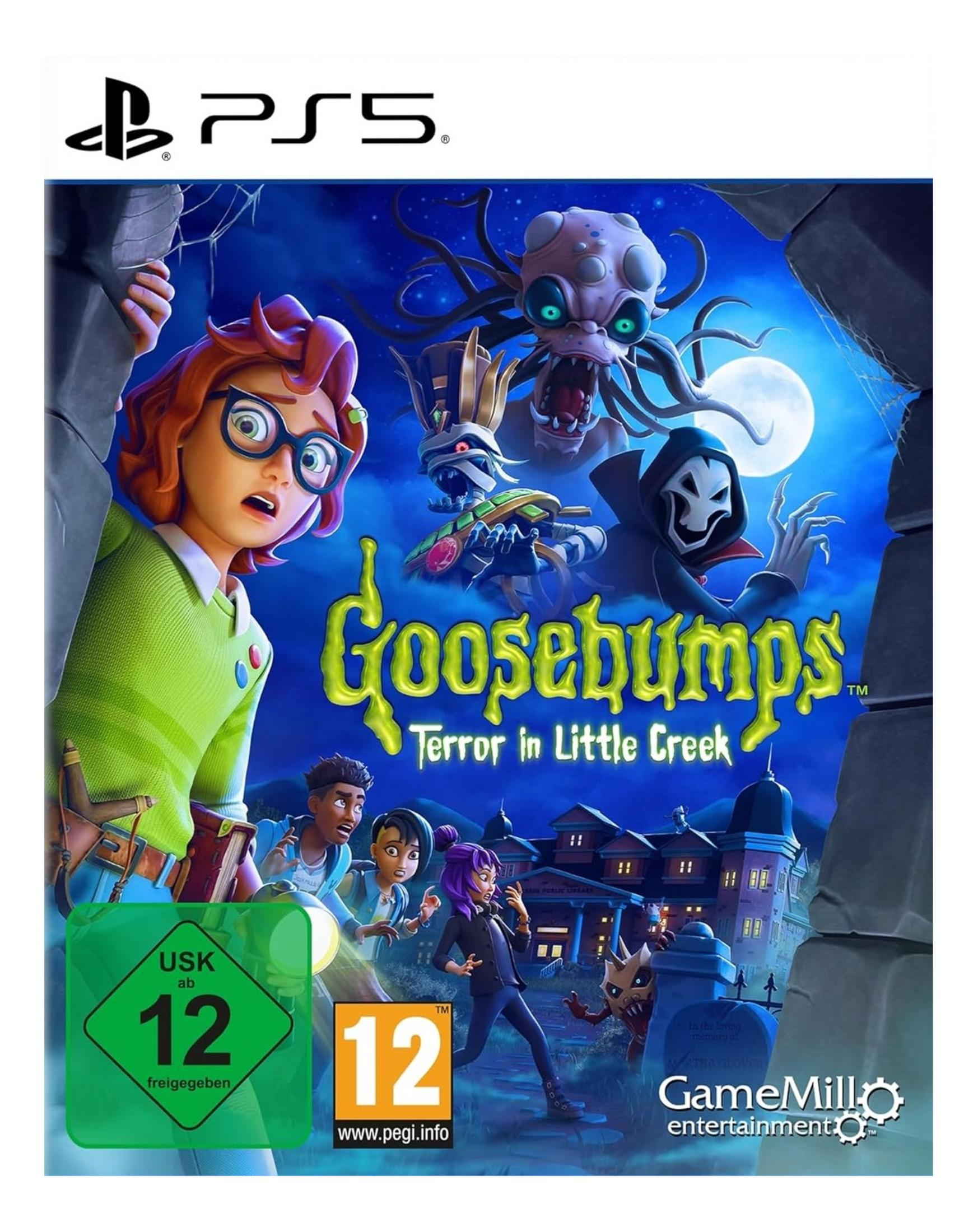 Copertina gioco PS5: "Goosebumps: Terror in Little Creek" con personaggi e mostri.