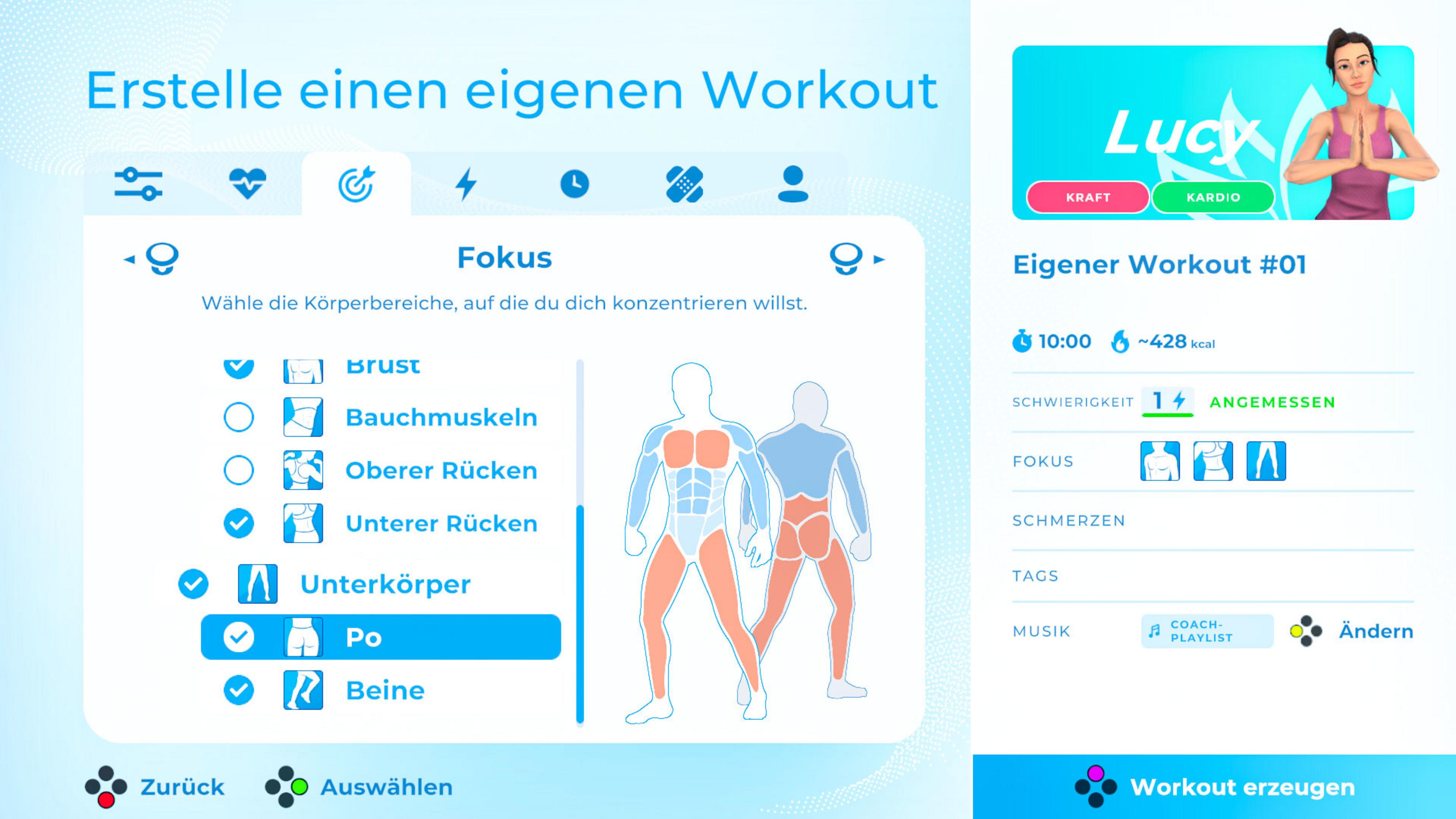 App zum Erstellen eines Workouts mit Fokus auf Po. Anzeige von Körperzonen und Trainingsdetails.