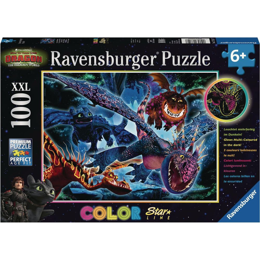 Puzzle Ravensburger z smokami i postaciami z filmu 'Jak wytresować smoka'.