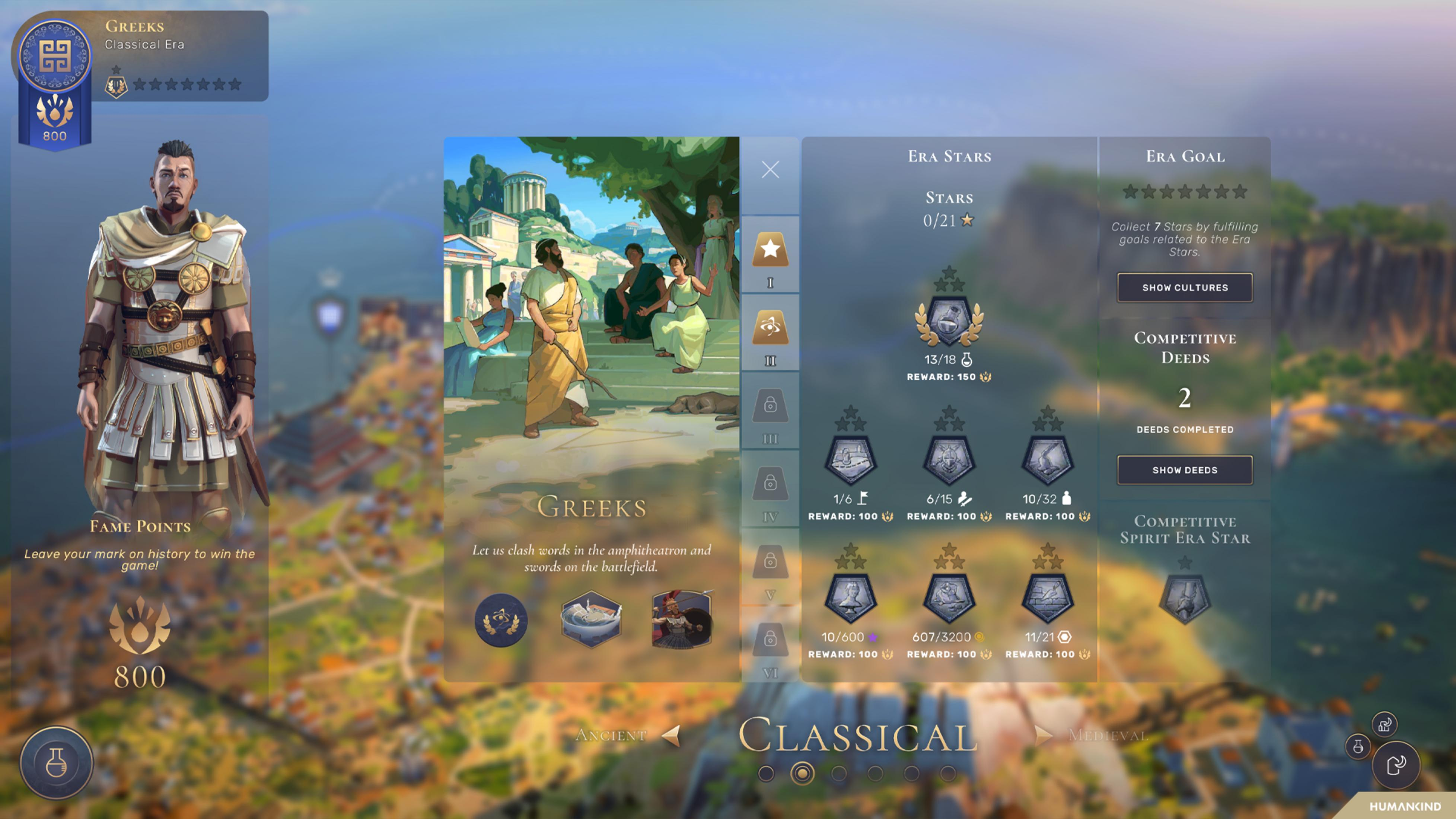 Spielerprofil für die Griechen im Klassischen Zeitalter mit Sternen und Ruhmpunkten.