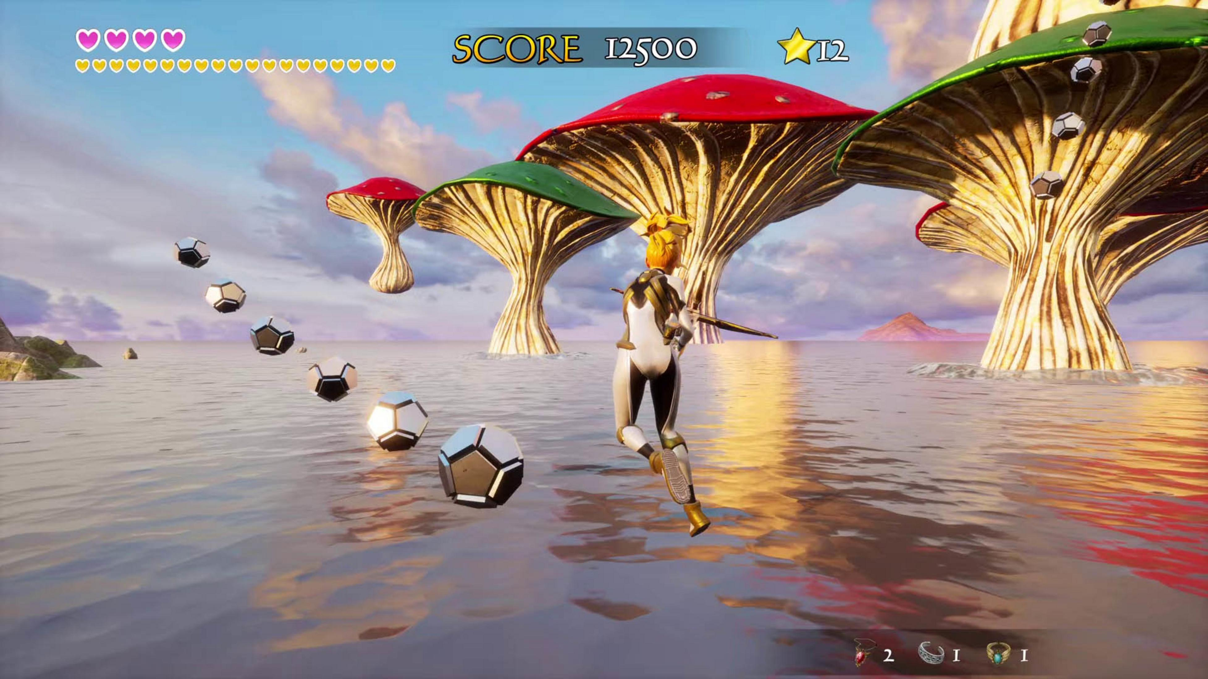 Un personaggio di gioco corre sull'acqua verso funghi giganti. Palline fluttuano.