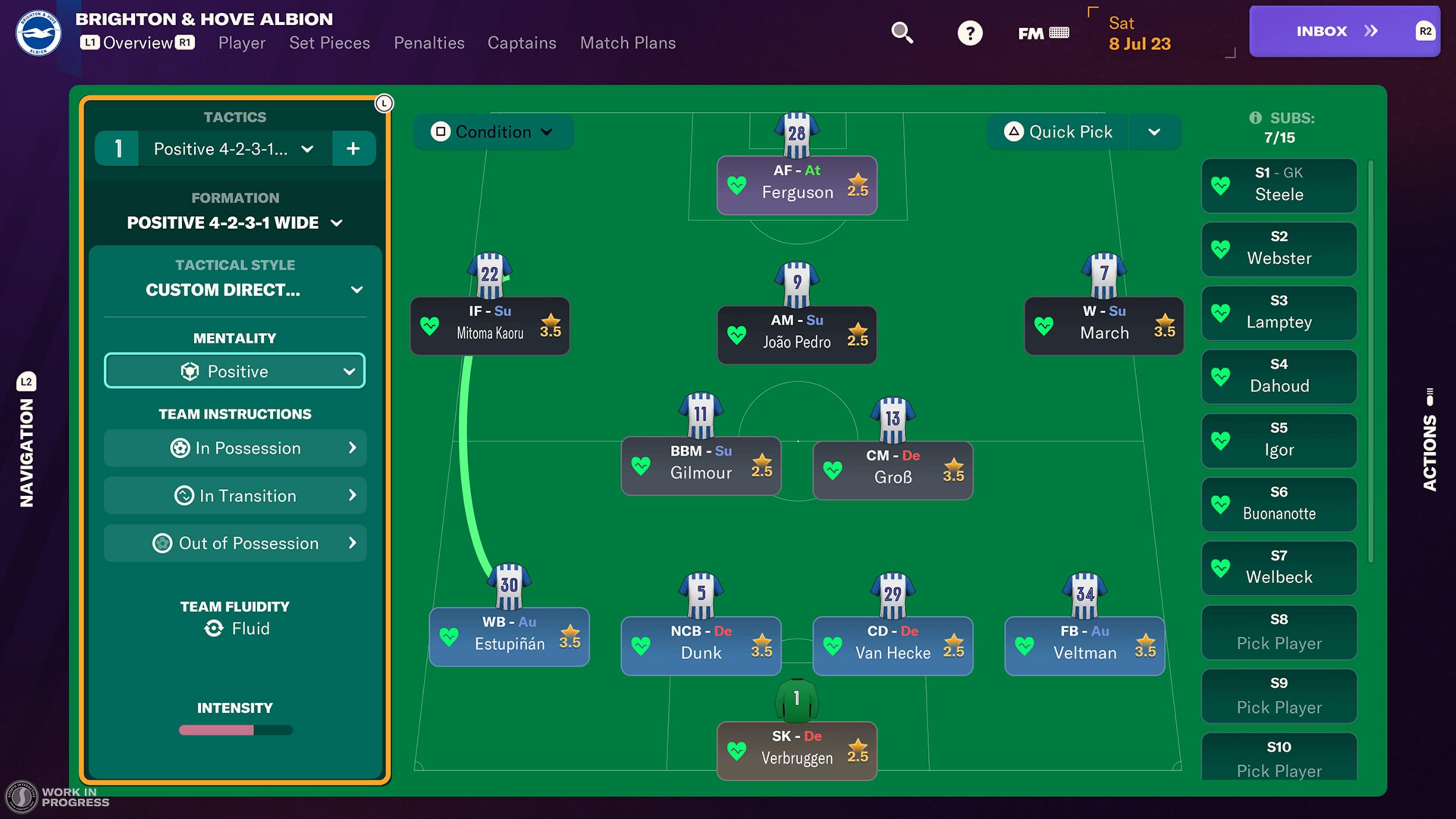 Fußball-Taktikbildschirm von Brighton & Hove Albion mit 4-2-3-1-Formation und Spielerdetails.