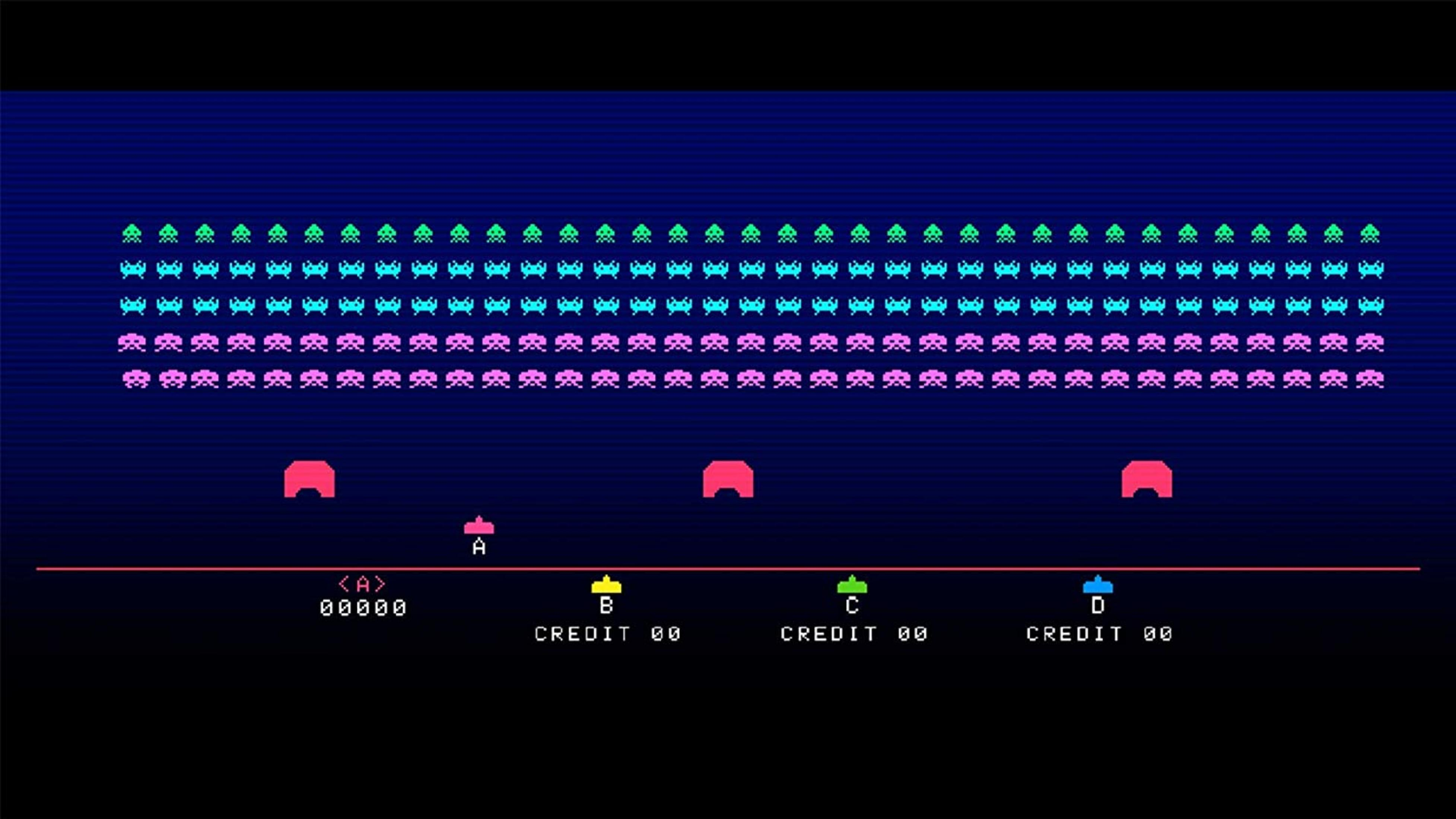 Pixelgrafik eines Weltraumspiels mit Alien-Schiffen und Schutzschildern.