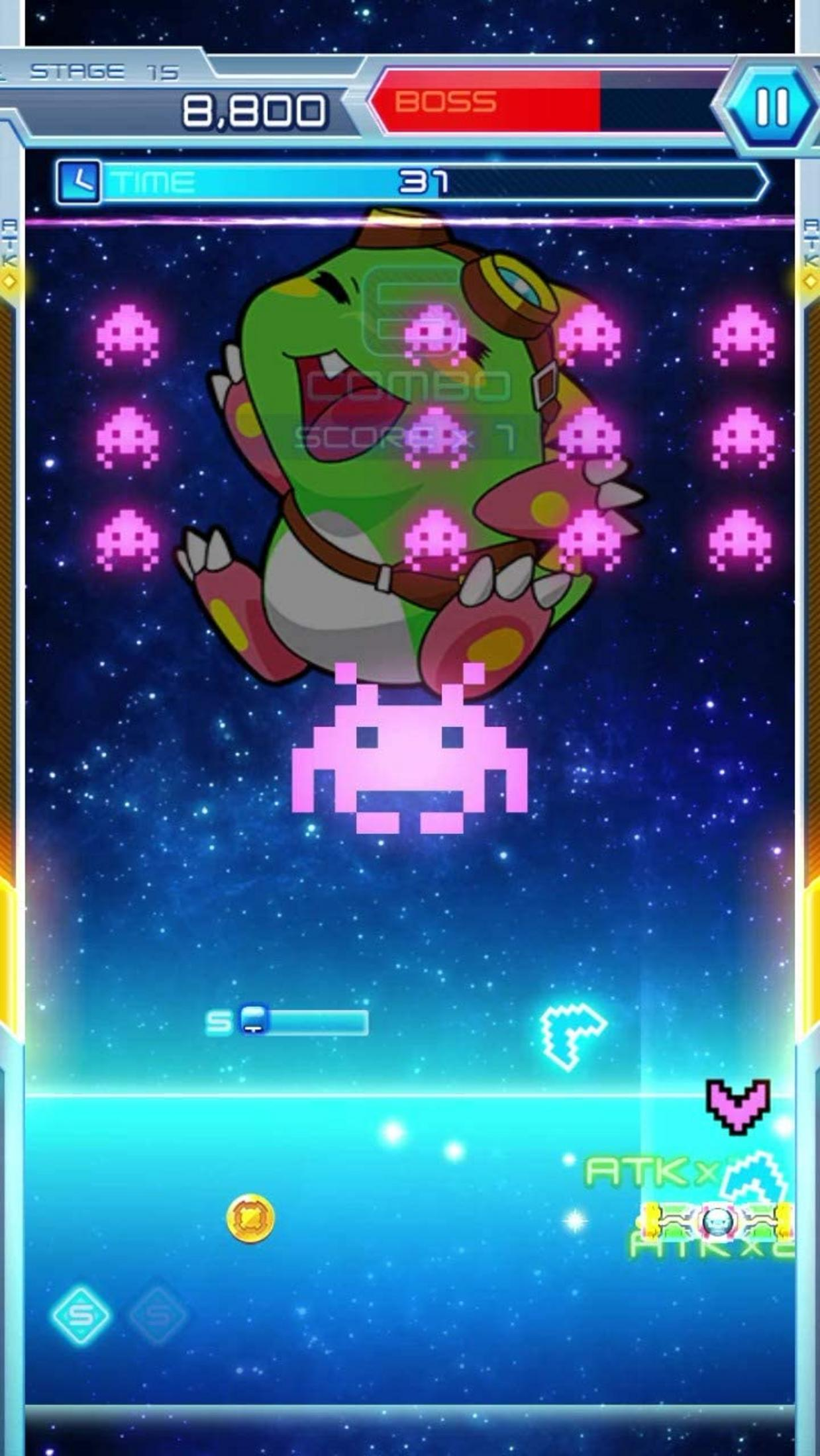 Ein grünes Monster mit Brille im Weltraum. Lila Pixel-Aliens bewegen sich.