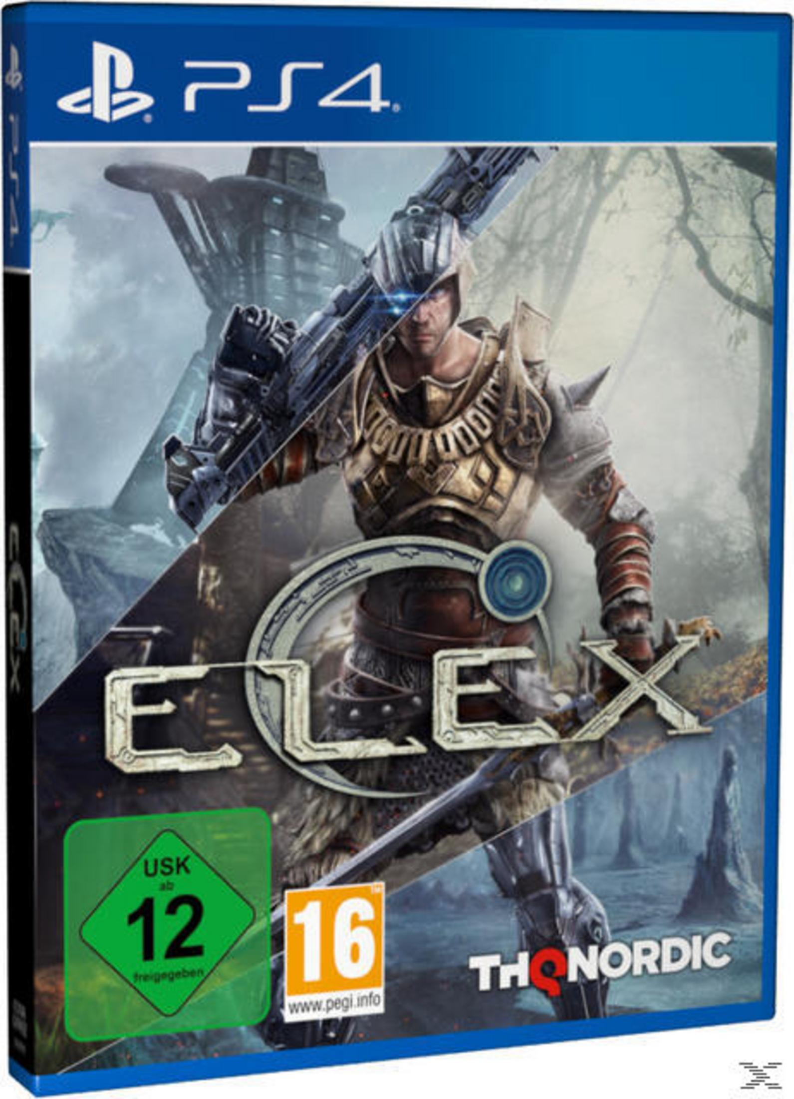 Ein Mann in Rüstung hält eine Waffe, mit dem Logo Elex und Altersfreigaben.