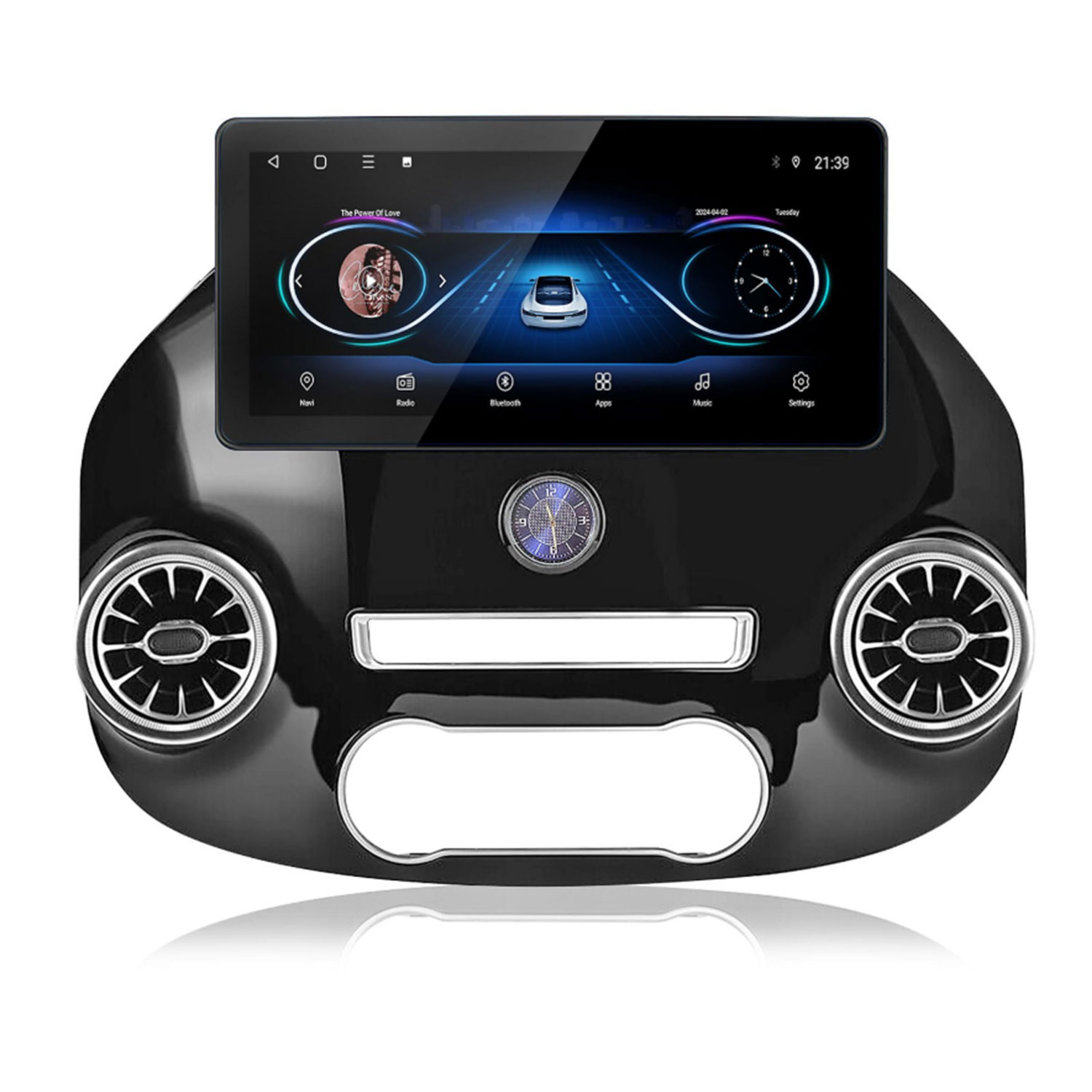 Ein schwarzes Autoradio-Display mit Navigations- und Musikoptionen.