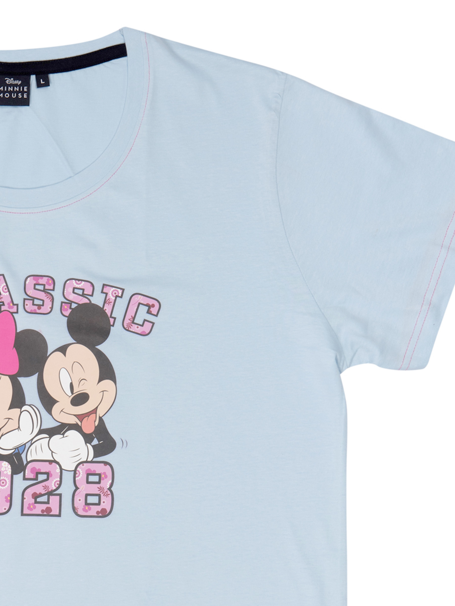 Hellblaues T-Shirt mit Micky und Minnie Maus, Schriftzug CLASSIC 128.