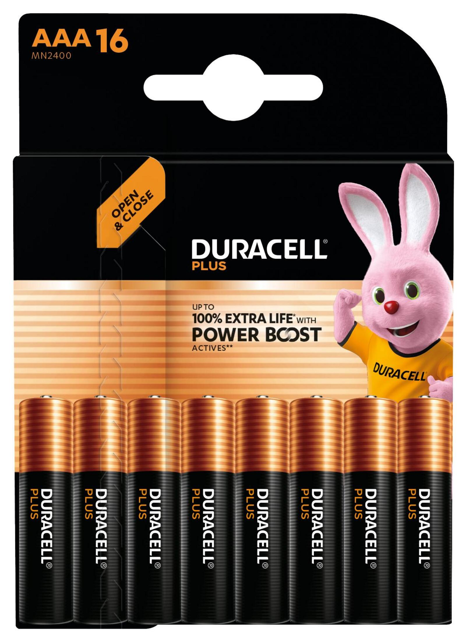 Piles Duracell AAA avec un lapin rose. Montre l'emballage.