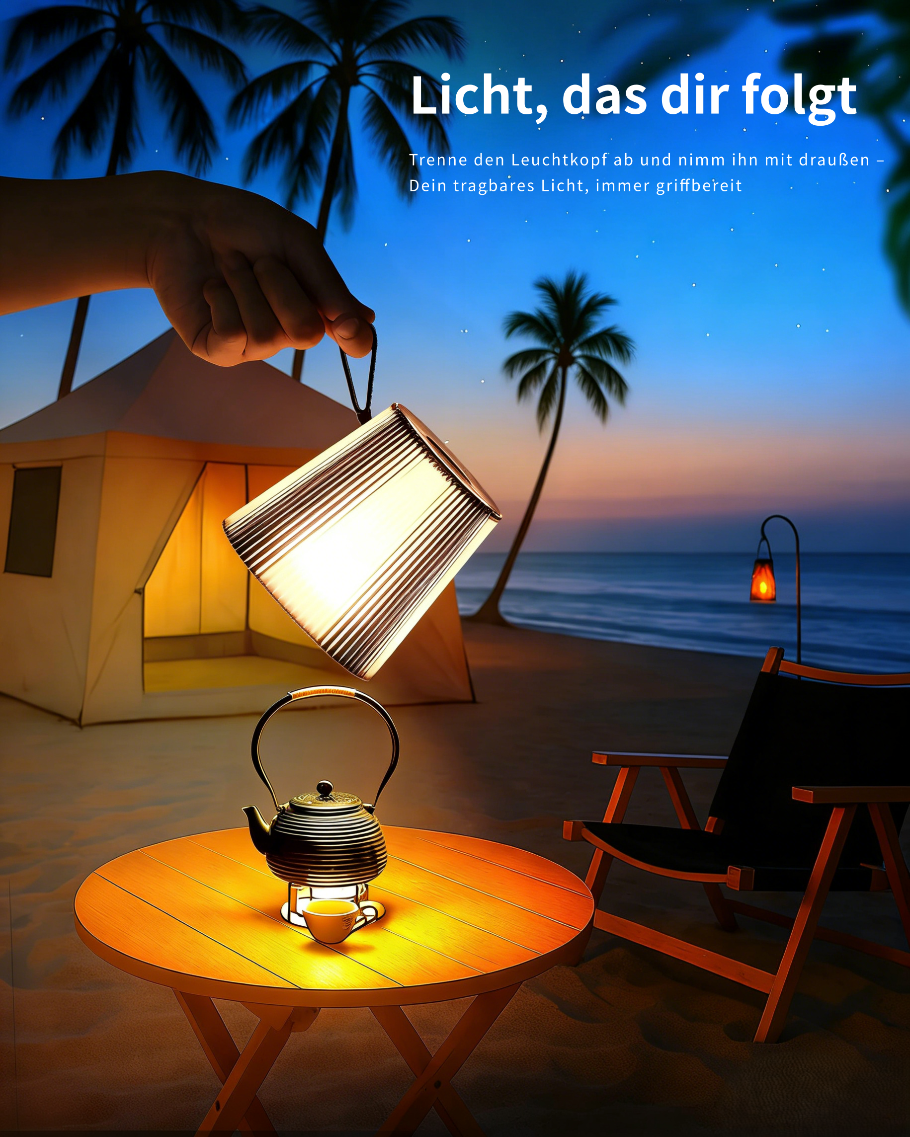 Strand bei Dämmerung mit Zelt, Tisch, Kanne und Lampe.