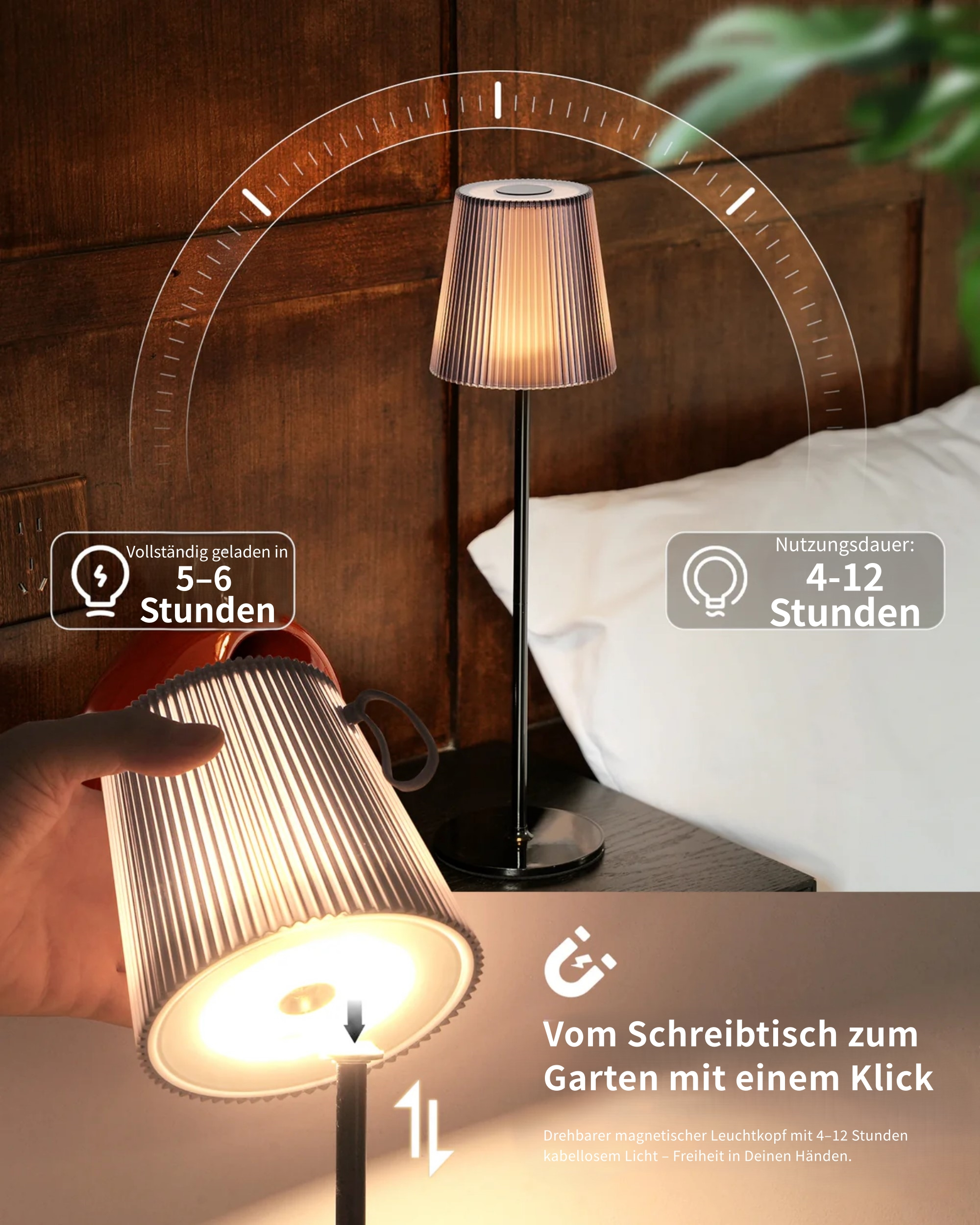 Eine Lampe mit geriffeltem Schirm, ein Magnetfuß und Ladeinformationen.