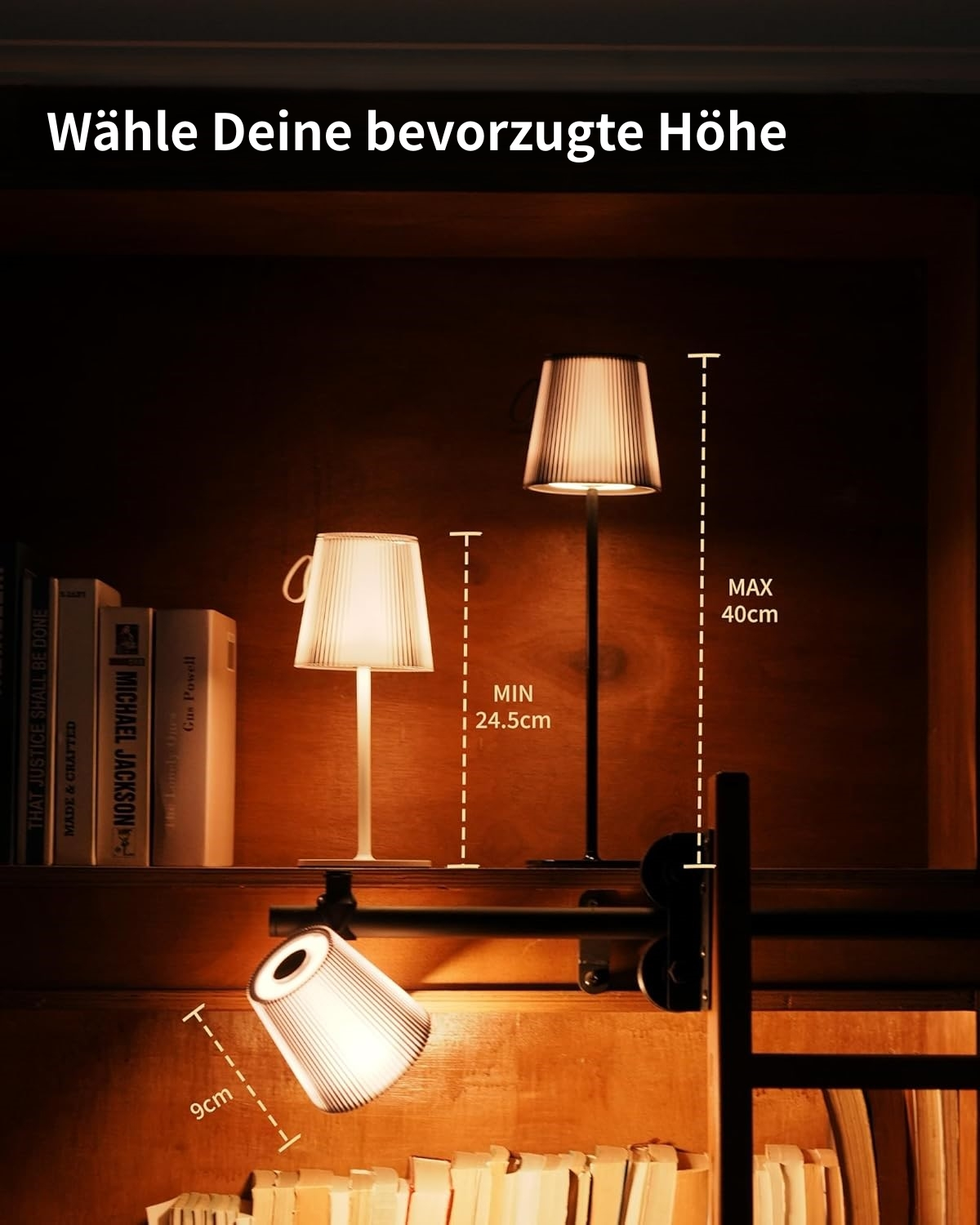Drei Lampen auf einem Regal, mit Höhenangaben von 9cm, 24.5cm und 40cm.