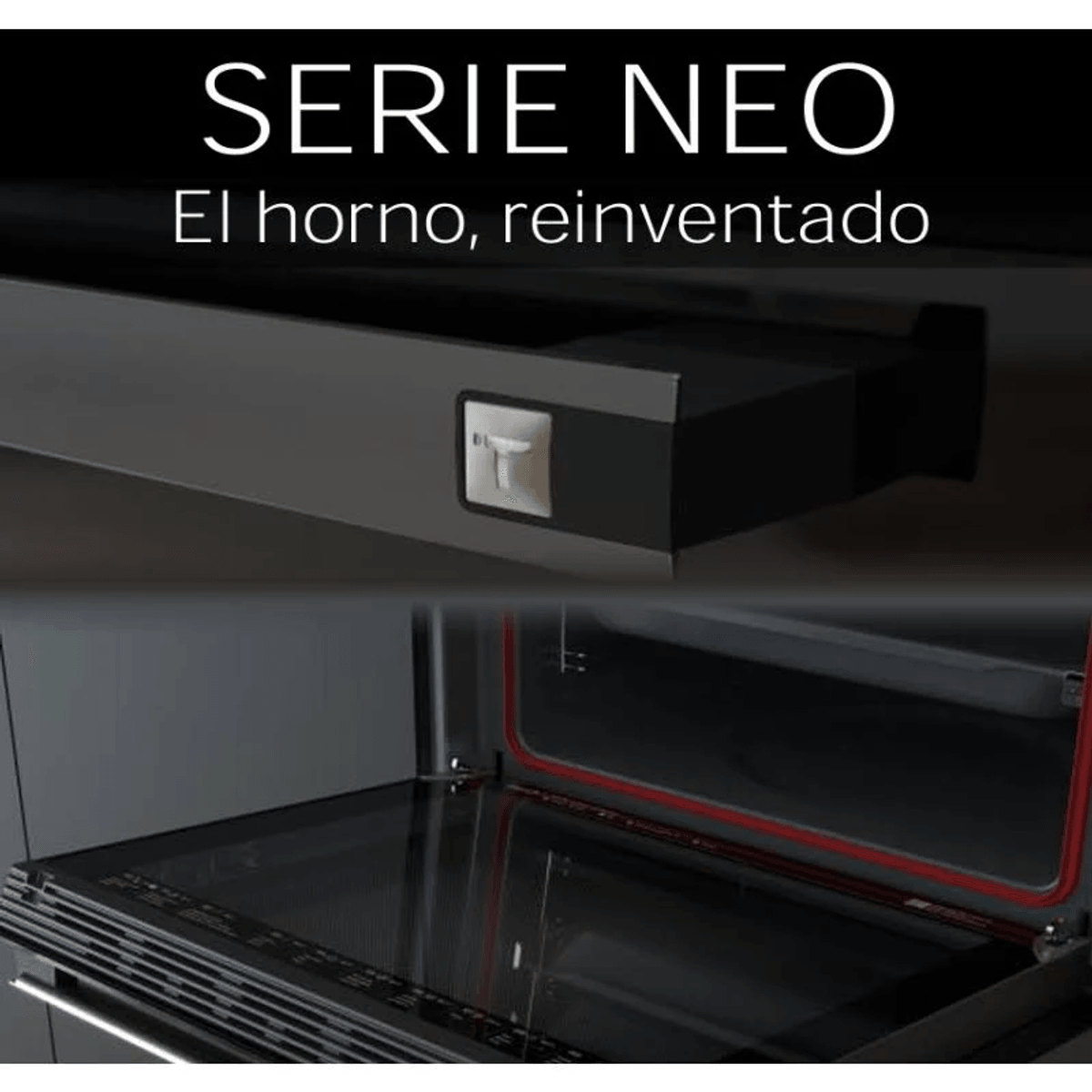 Un horno moderno con cajón extraíble y sello rojo.