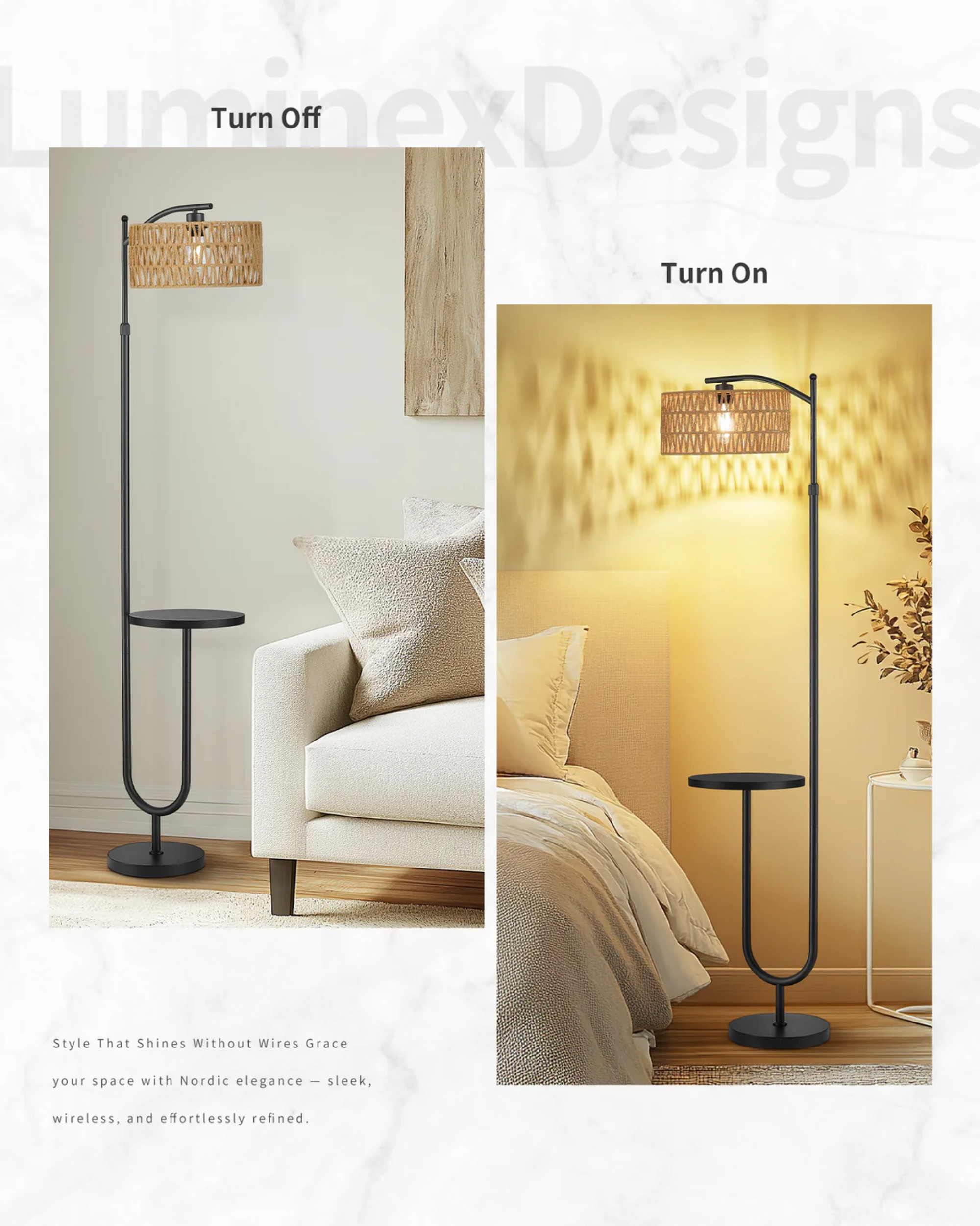 Bodenleuchte mit Regal, Ein/Aus-Zustand, im Wohn- und Schlafzimmer.