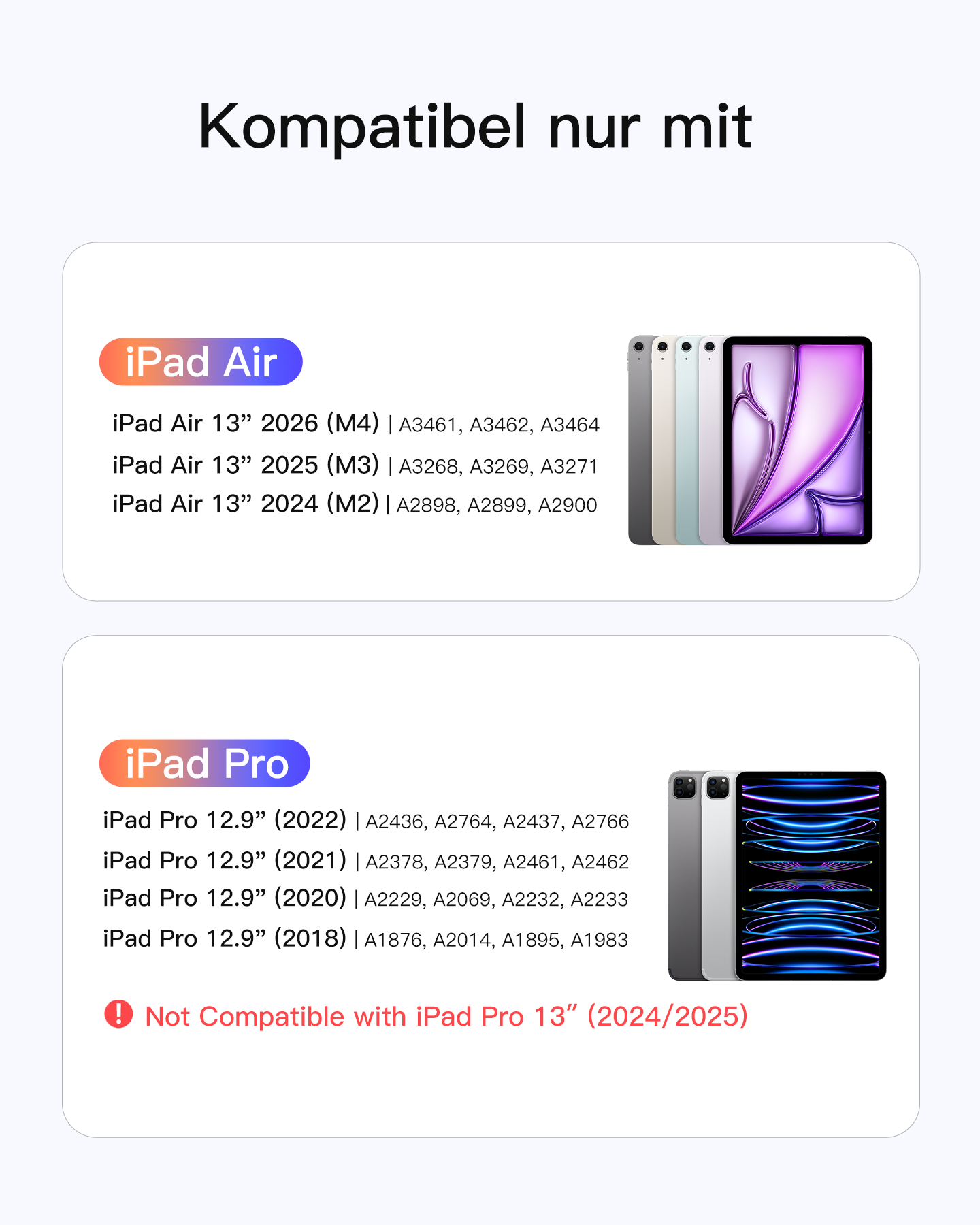 Kompatibel mit iPad Air und iPad Pro Modellen, nicht mit 13" iPad Pro (2024/25).
