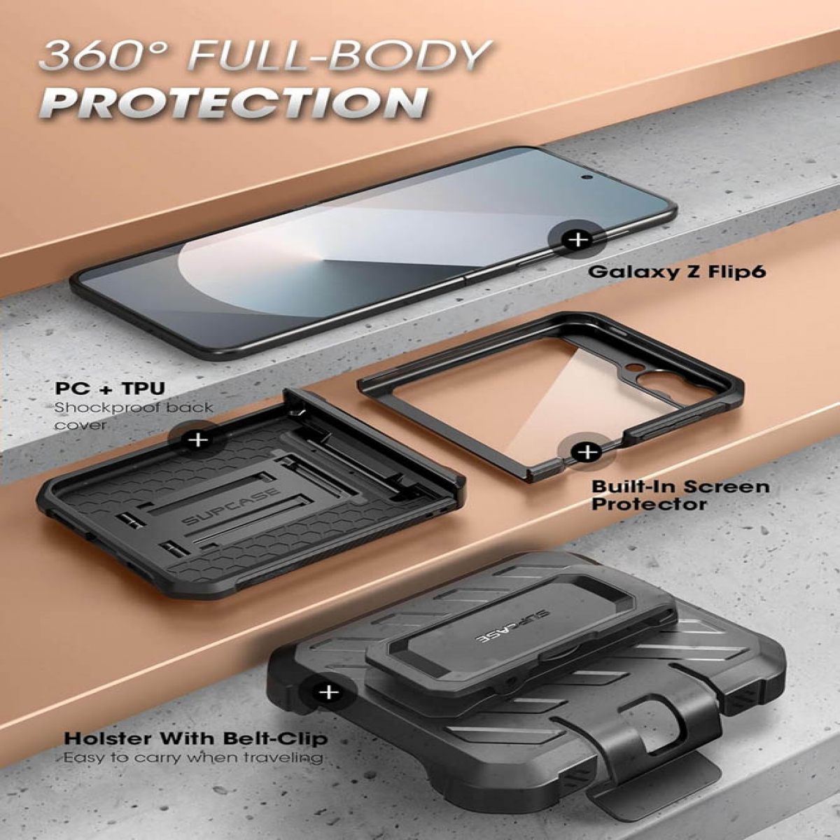 Schutzhülle für Galaxy Z Flip6: Rückseite, Displayschutz, Holster.