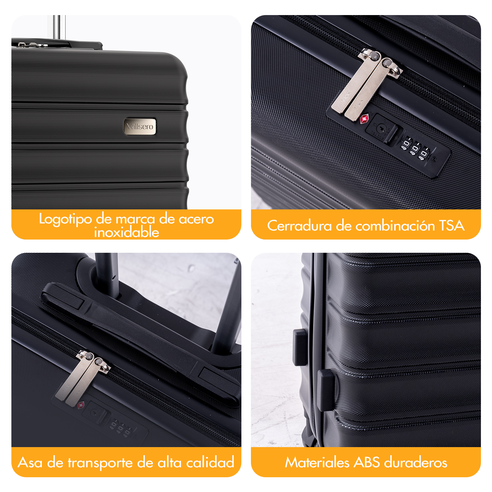 Maleta negra con cierre TSA, logo, asa y material ABS.
