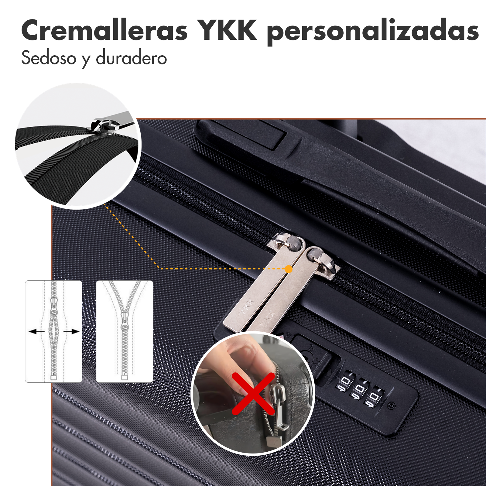 Primer plano de una maleta negra con cremalleras YKK y un candado de combinación.