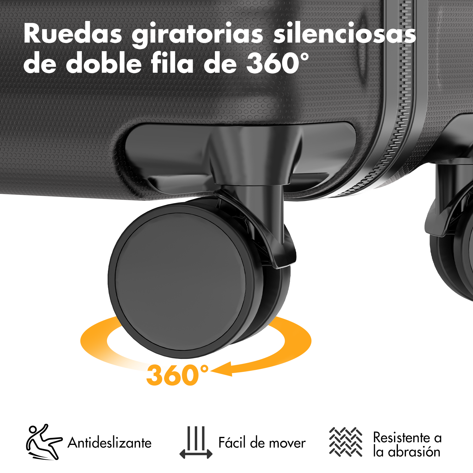 Maleta negra con ruedas dobles de 360°, antideslizante y fácil de mover.