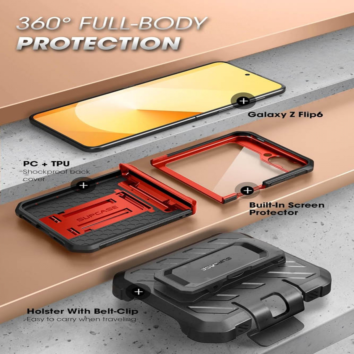 Ein Galaxy Z Flip6 mit dreiteiligem Schutz: Rückseite, Rahmen und Holster.